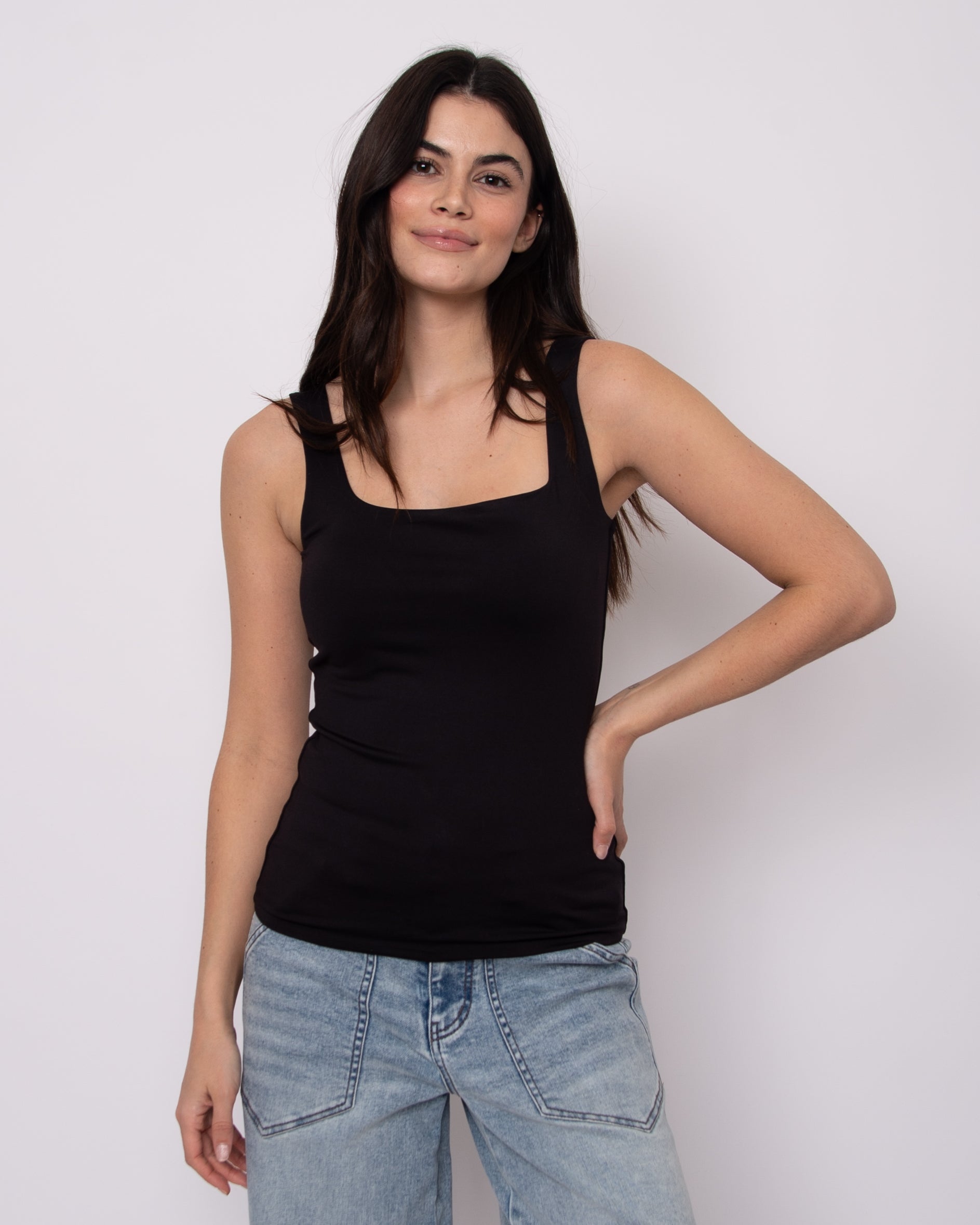 TIA SQUARED U NECKLINE TANK - BLACK