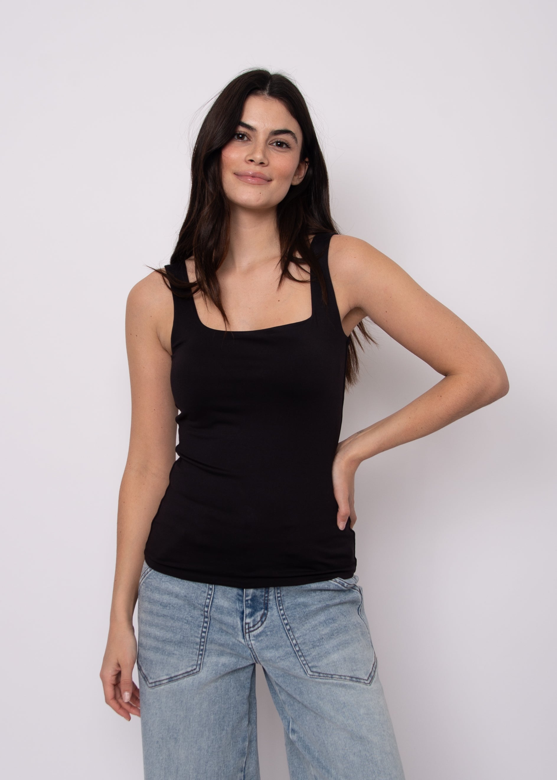 TIA SQUARED U NECKLINE TANK - BLACK