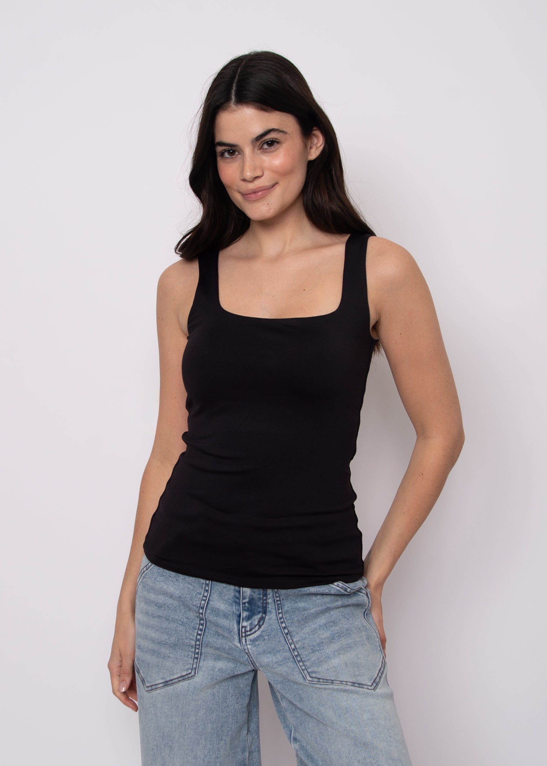 TIA SQUARED U NECKLINE TANK - BLACK
