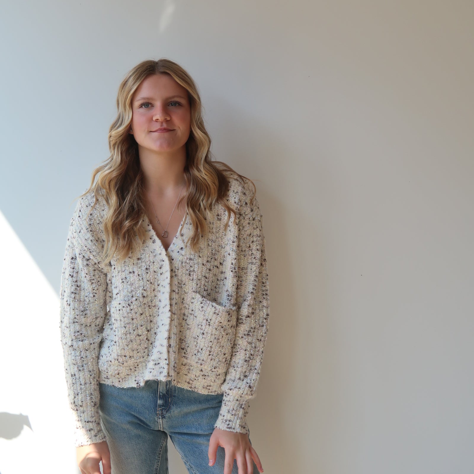 NEDI LONG SLEEVE CARDIGAN - CREAM FLECK