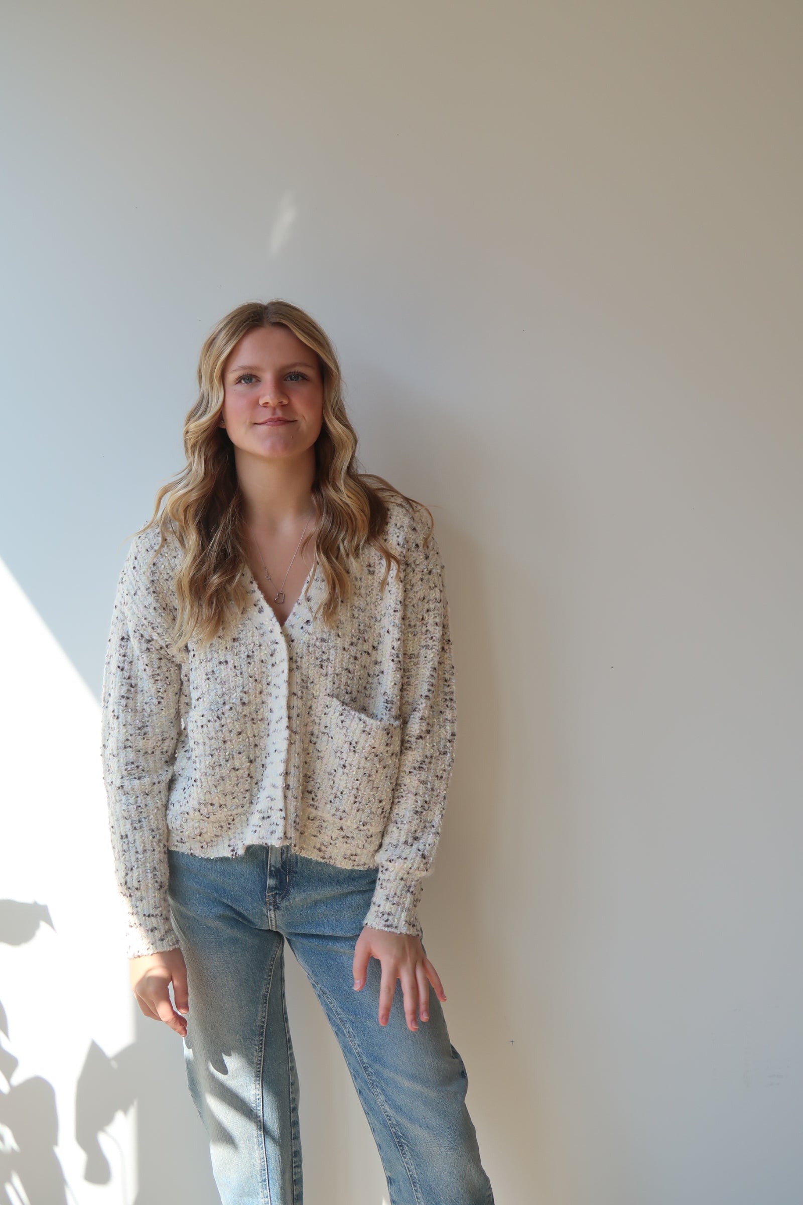 NEDI LONG SLEEVE CARDIGAN - CREAM FLECK