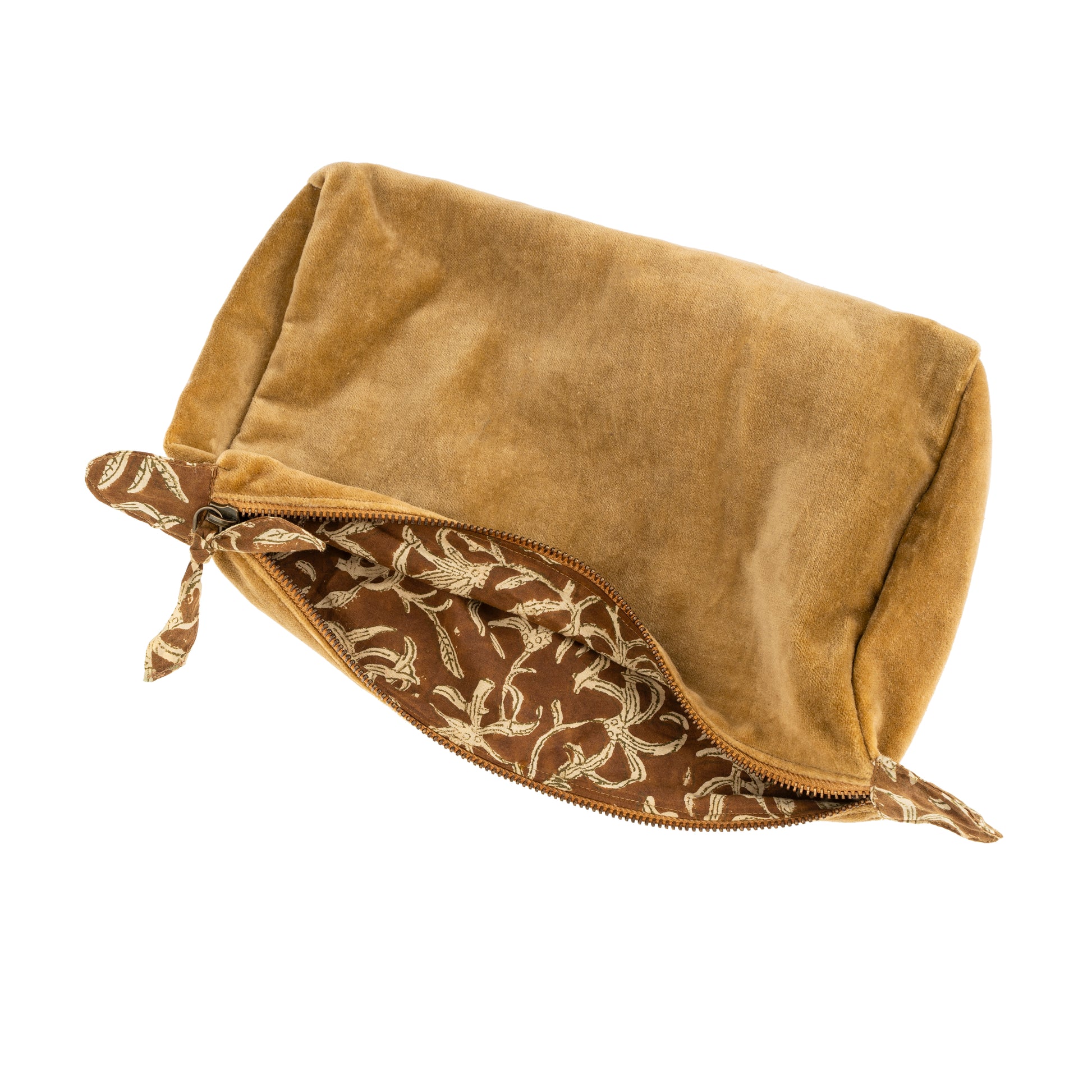BLOCK PRINT LINED VELVET POUCH - CAMEL