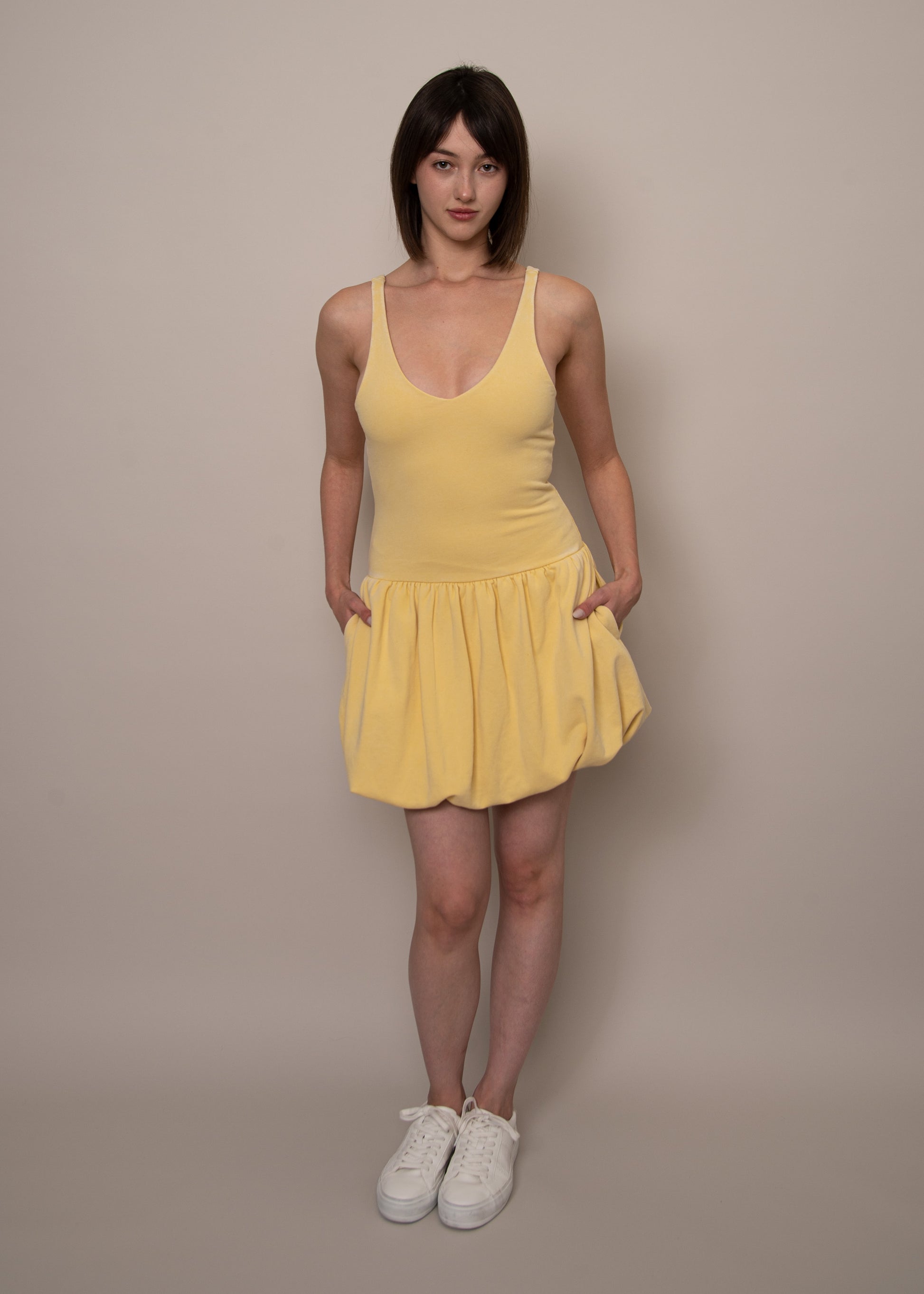 VARA FRENCH TERRY V NECK BUBBLE DRESS - CORN