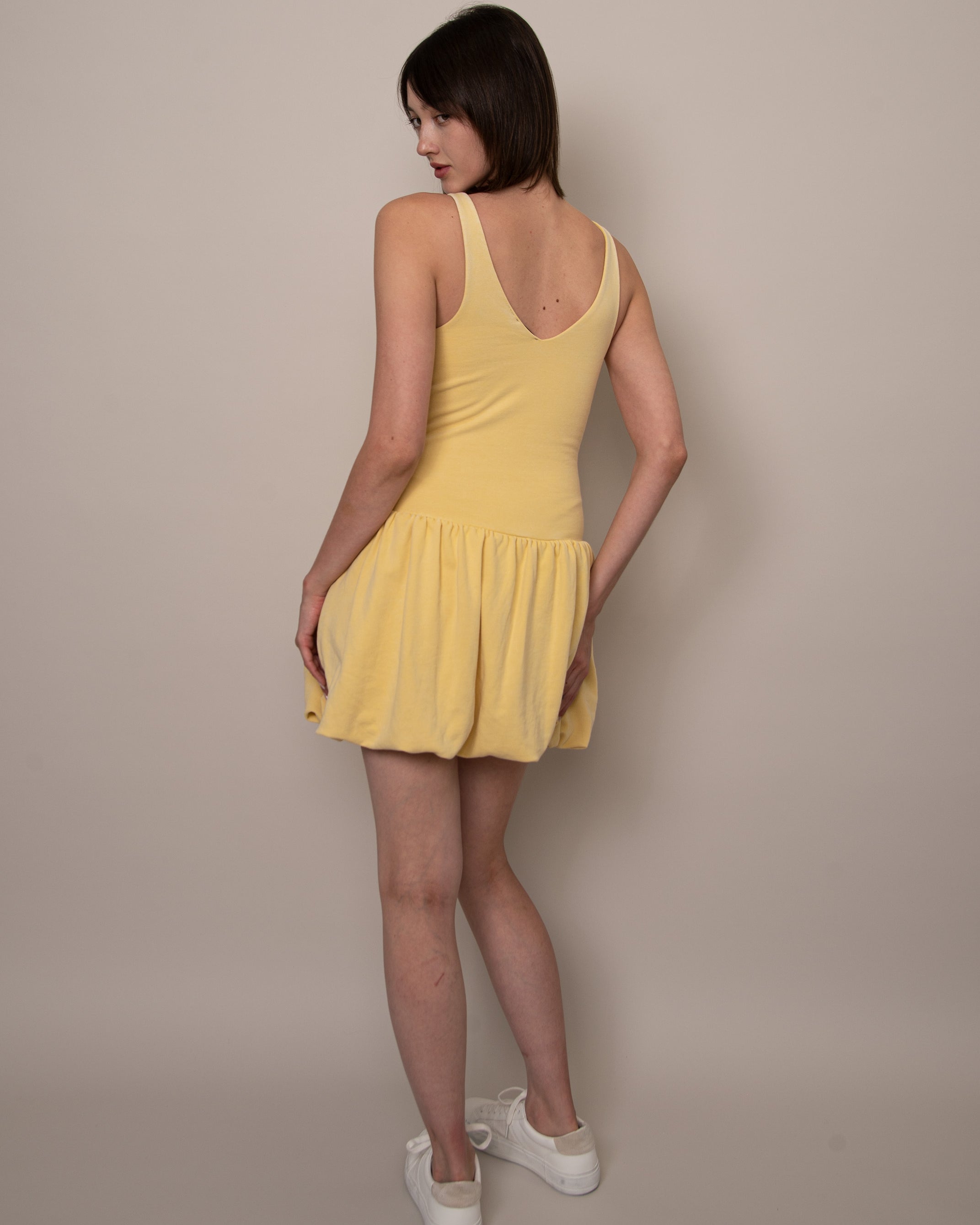 VARA FRENCH TERRY V NECK BUBBLE DRESS - CORN