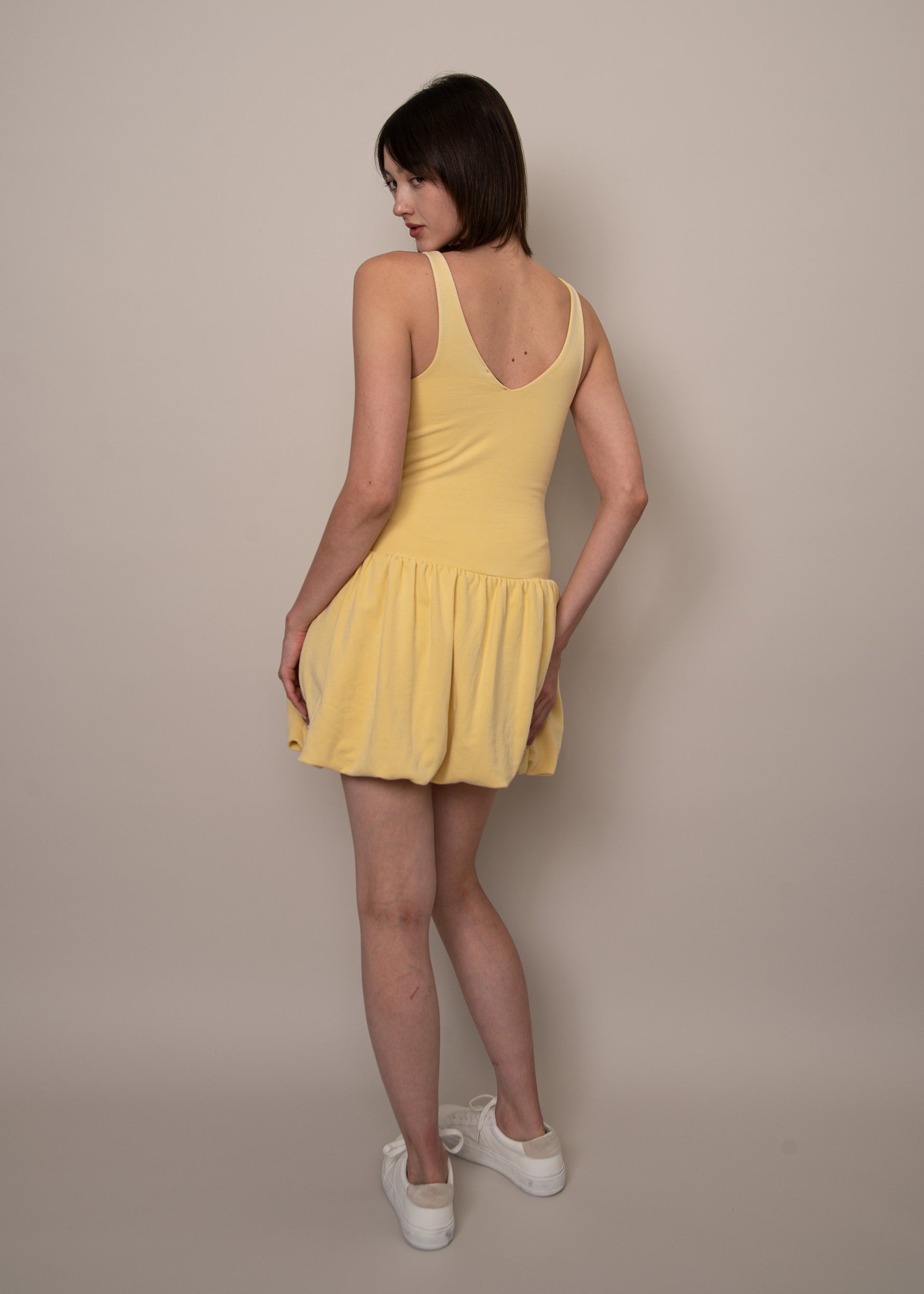 VARA FRENCH TERRY V NECK BUBBLE DRESS - CORN