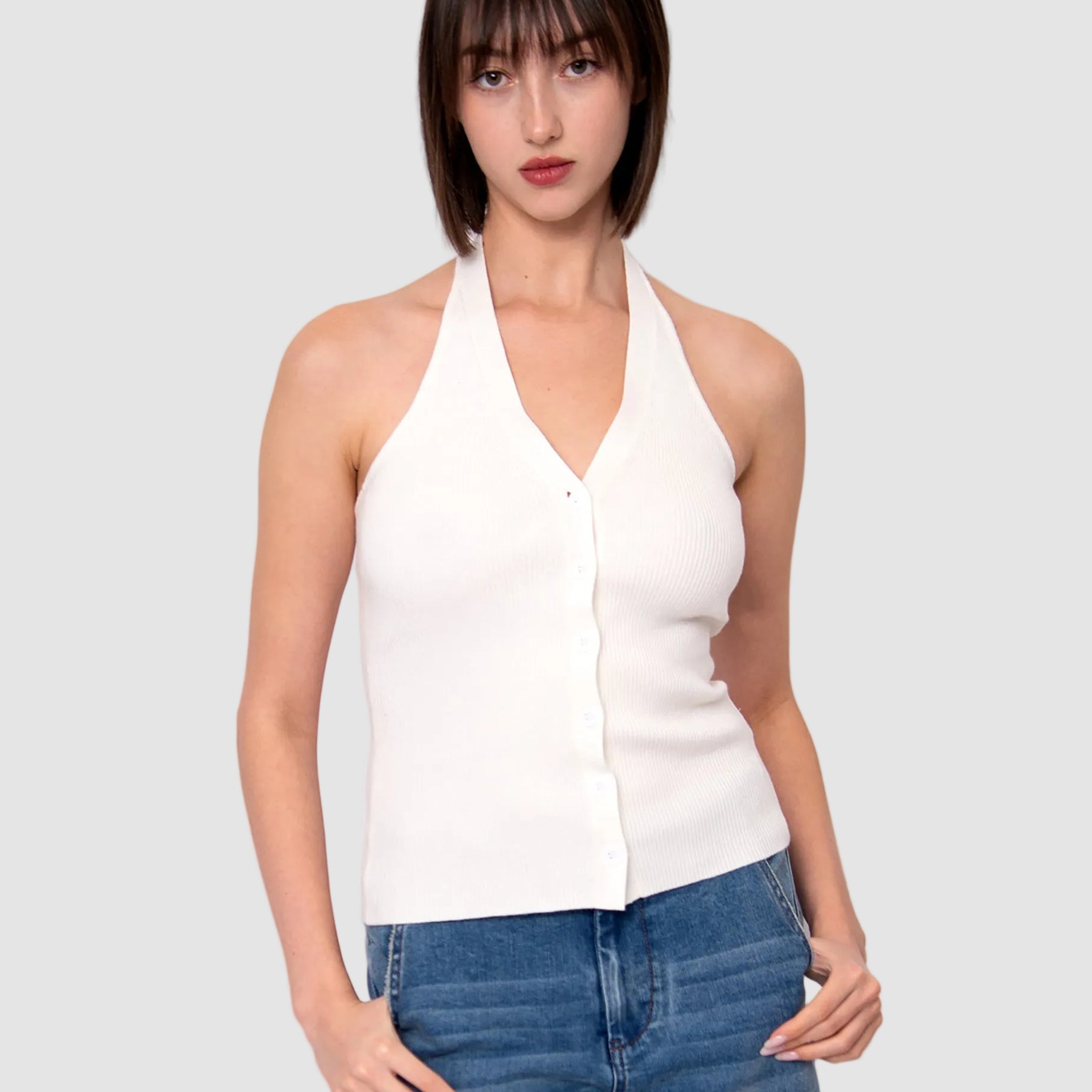 LEIA HALTER RIBBED TANK - WHITE
