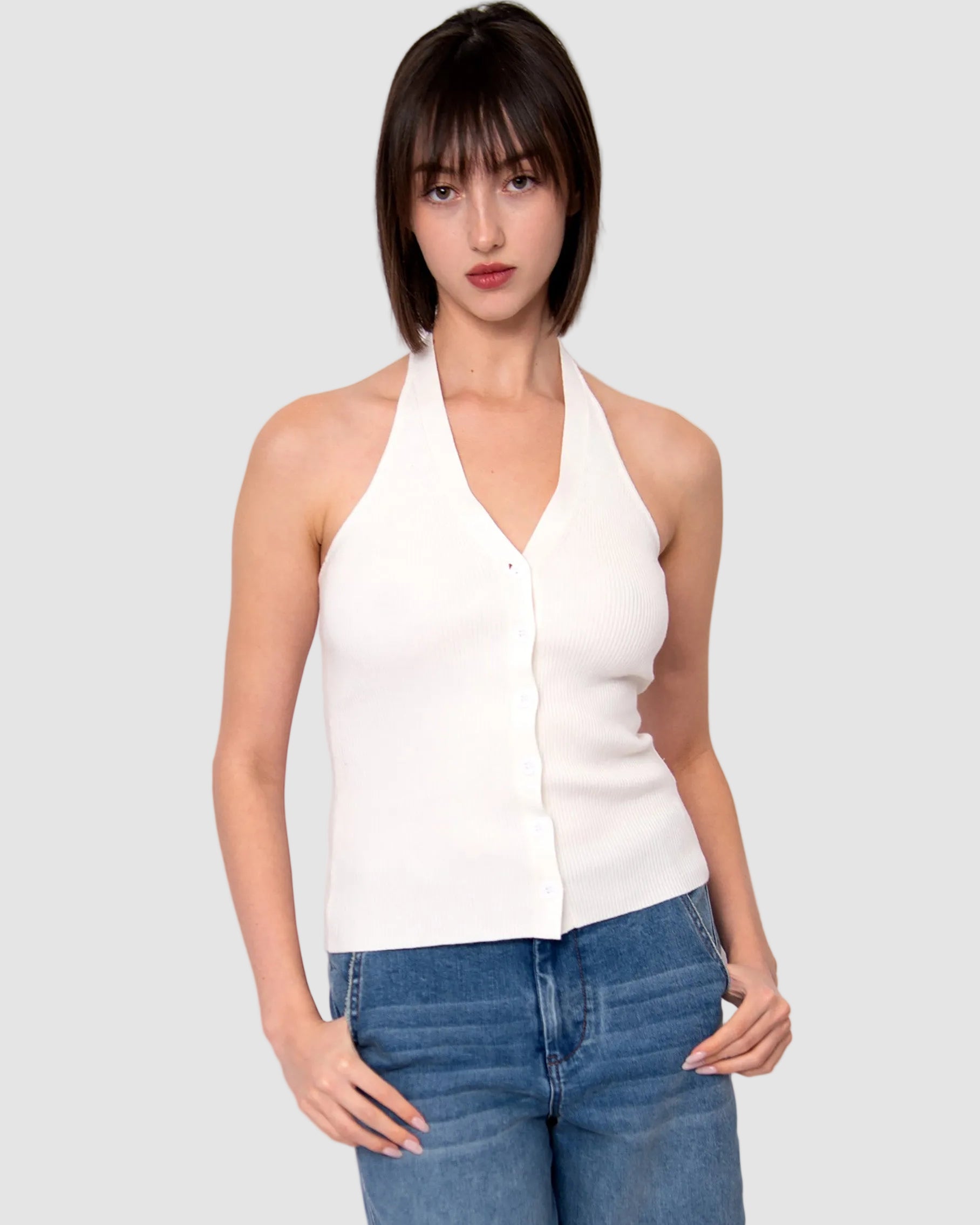 LEIA HALTER RIBBED TANK - WHITE