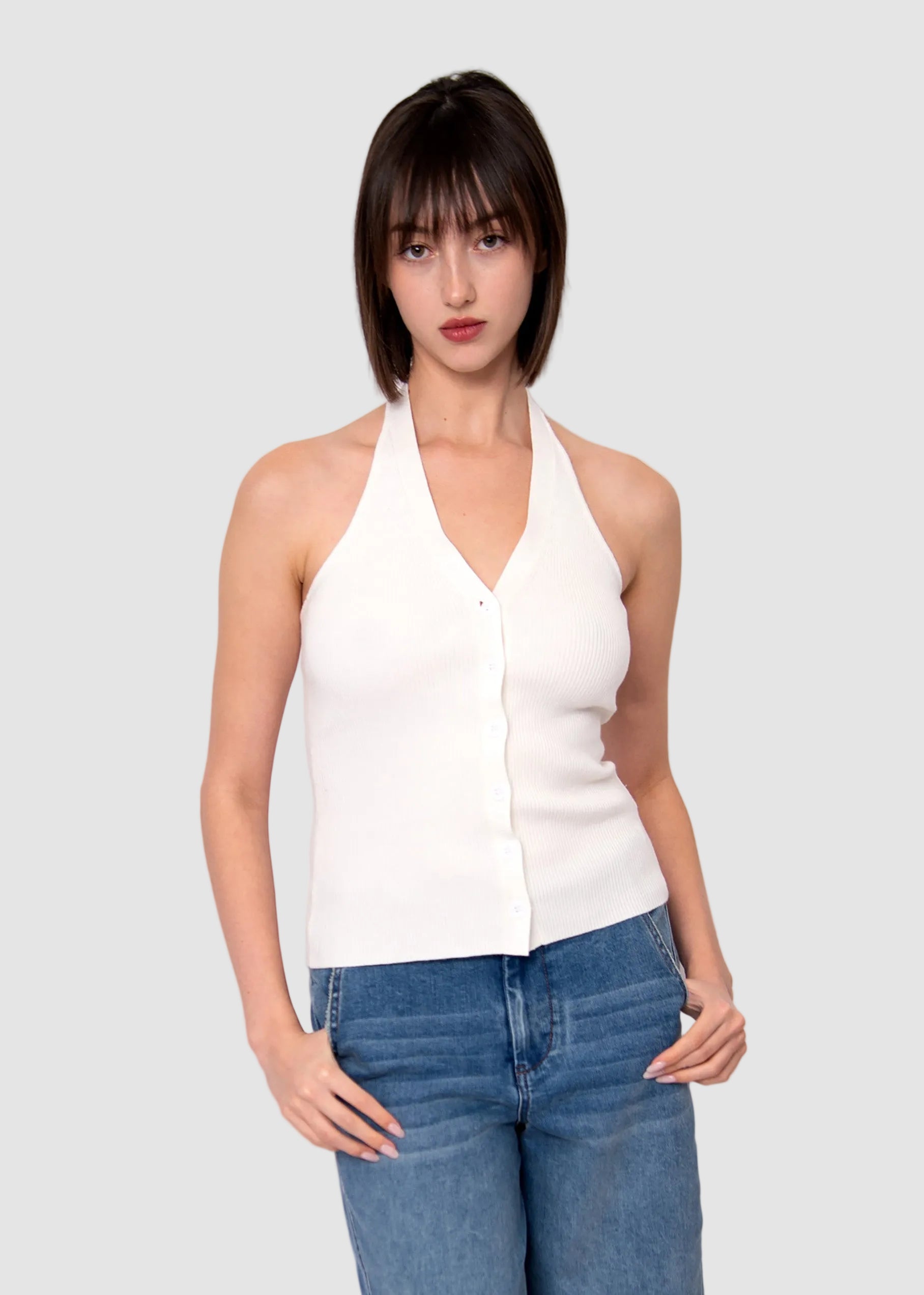 LEIA HALTER RIBBED TANK - WHITE