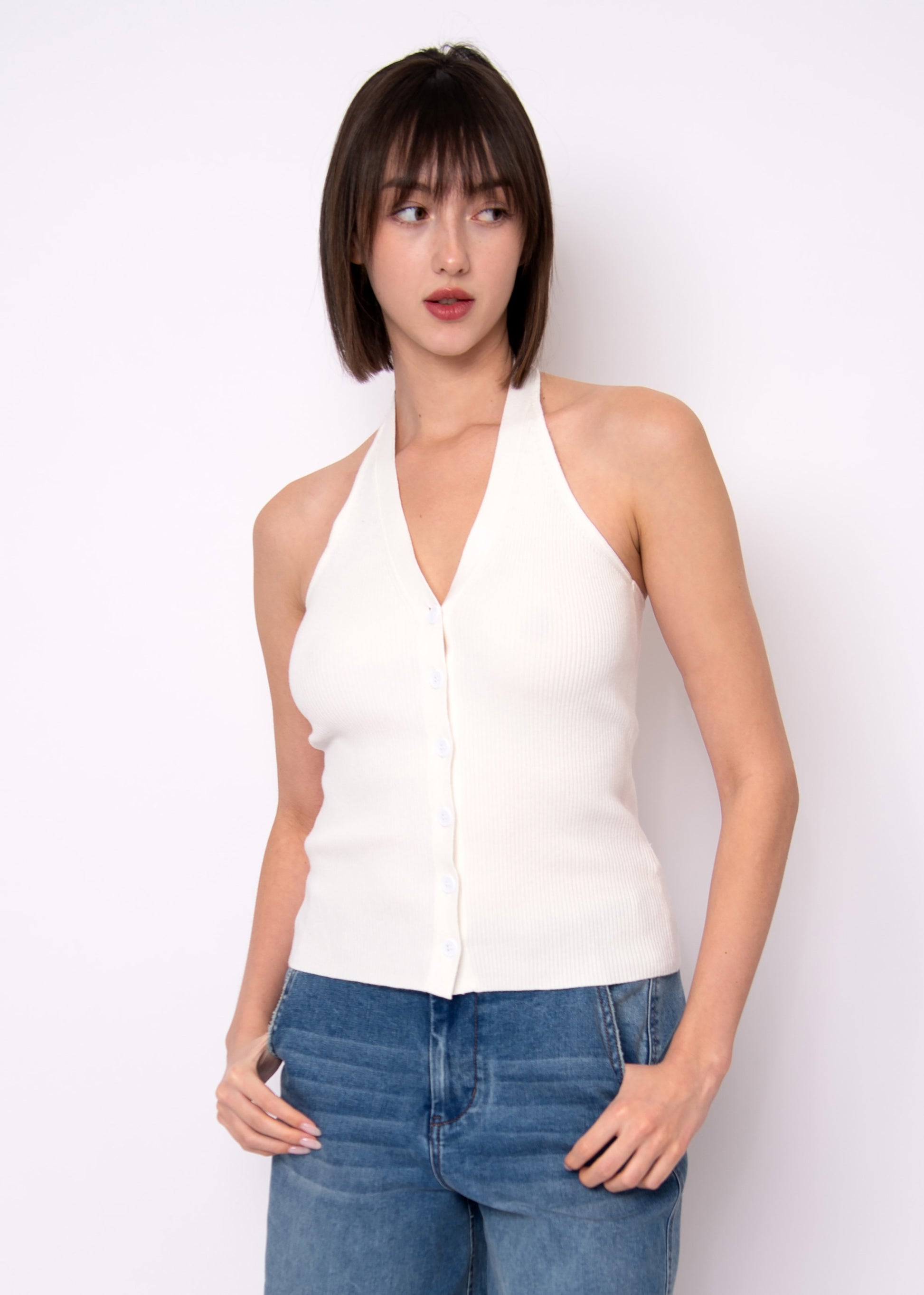 LEIA HALTER RIBBED TANK - WHITE