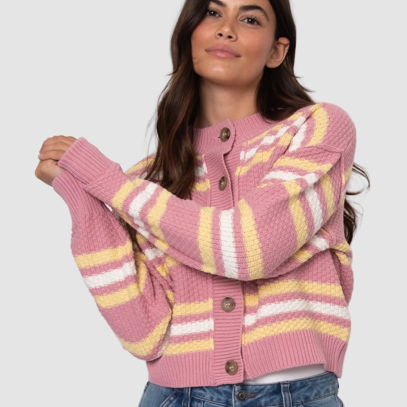 LAVANA LONG SLEEVE CREW NECK CARDIGAN - PETAL PINK