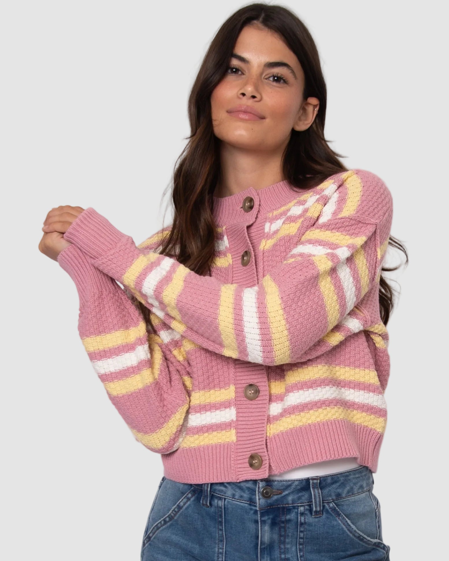 LAVANA LONG SLEEVE CREW NECK CARDIGAN - PETAL PINK