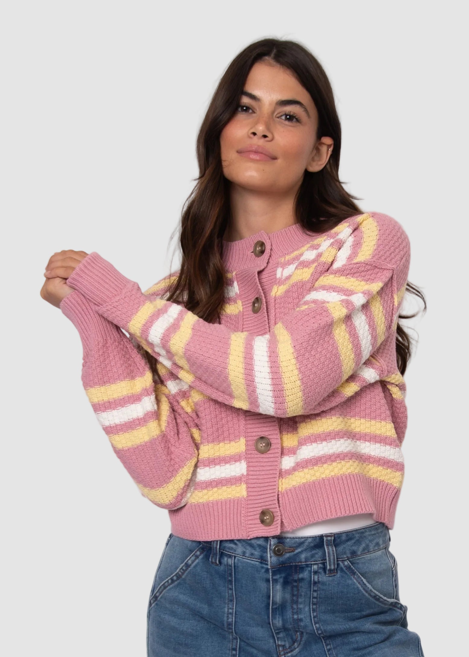 LAVANA LONG SLEEVE CREW NECK CARDIGAN - PETAL PINK