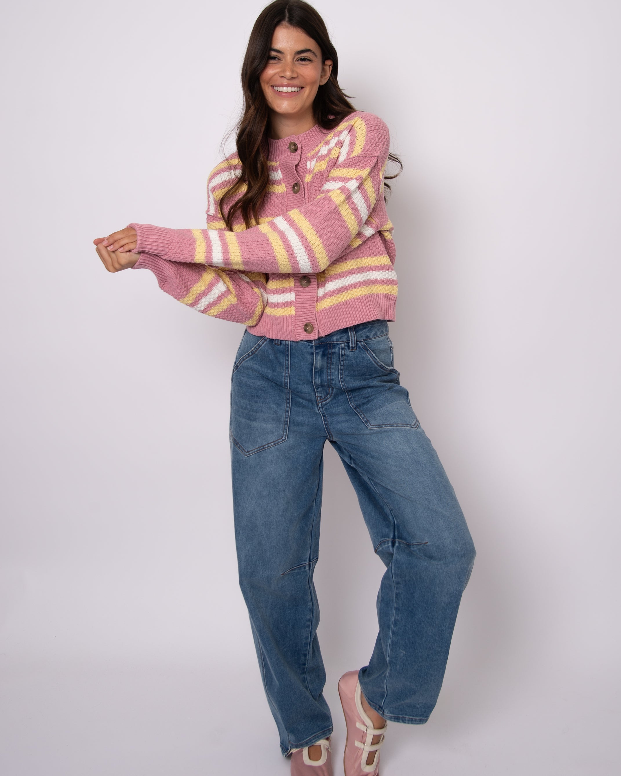 LAVANA LONG SLEEVE CREW NECK CARDIGAN - PETAL PINK