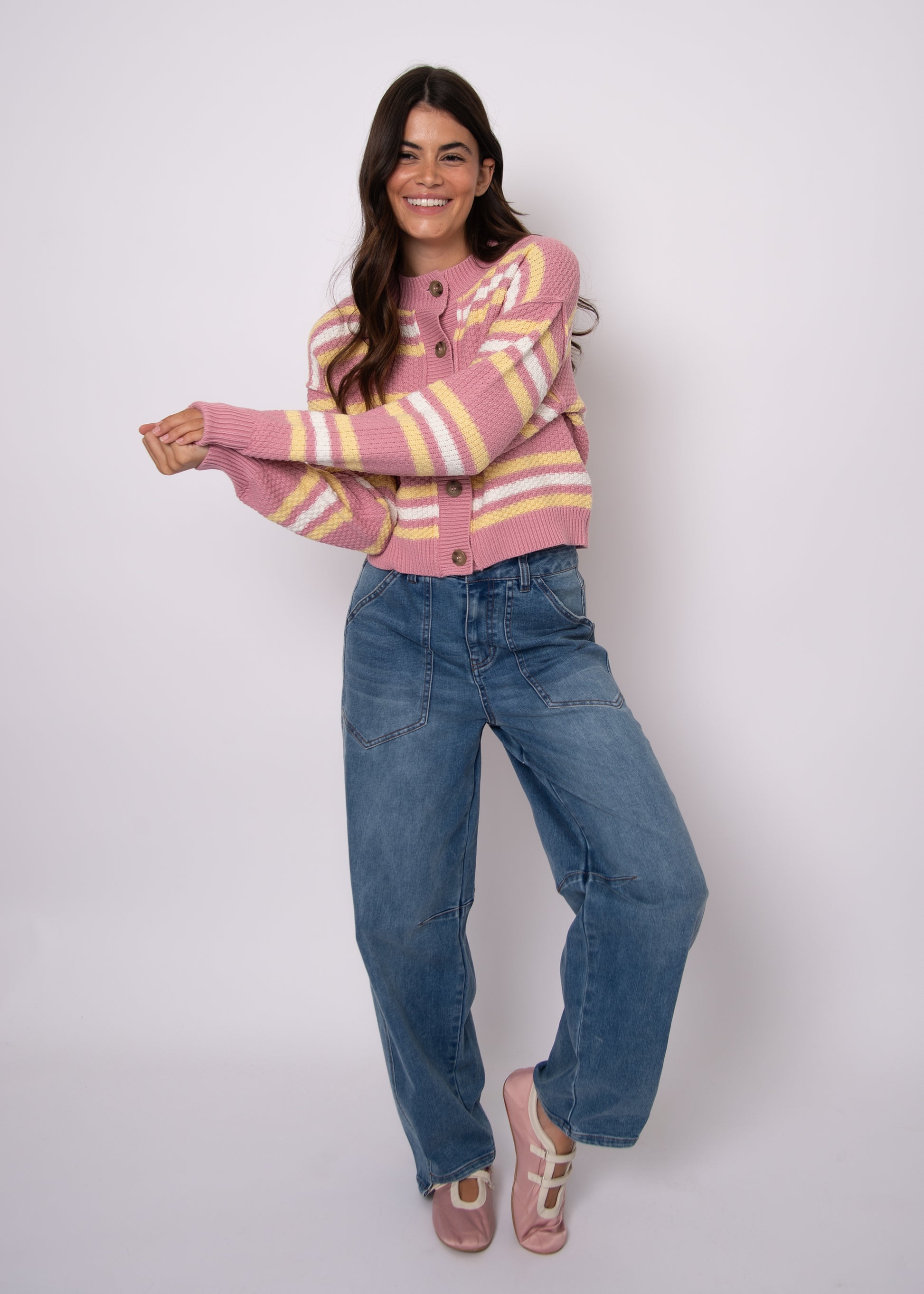 LAVANA LONG SLEEVE CREW NECK CARDIGAN - PETAL PINK