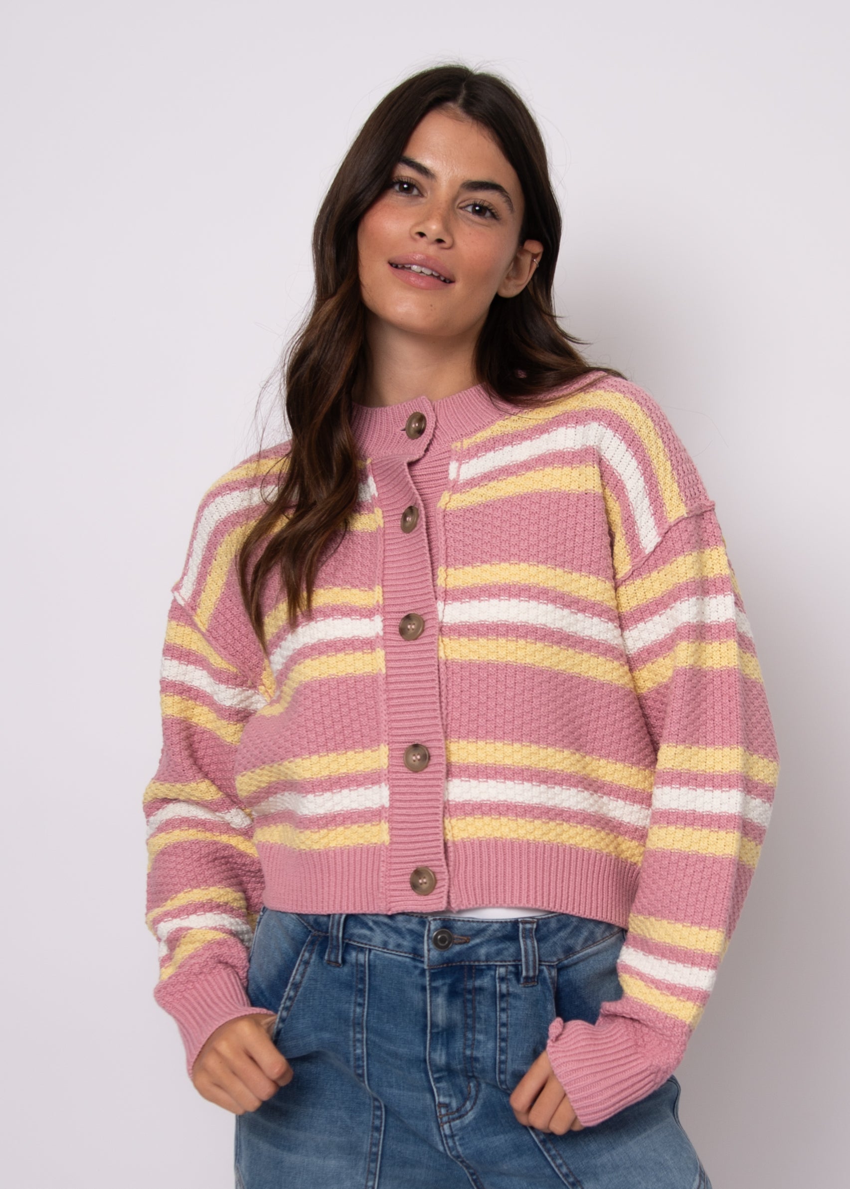 LAVANA LONG SLEEVE CREW NECK CARDIGAN - PETAL PINK