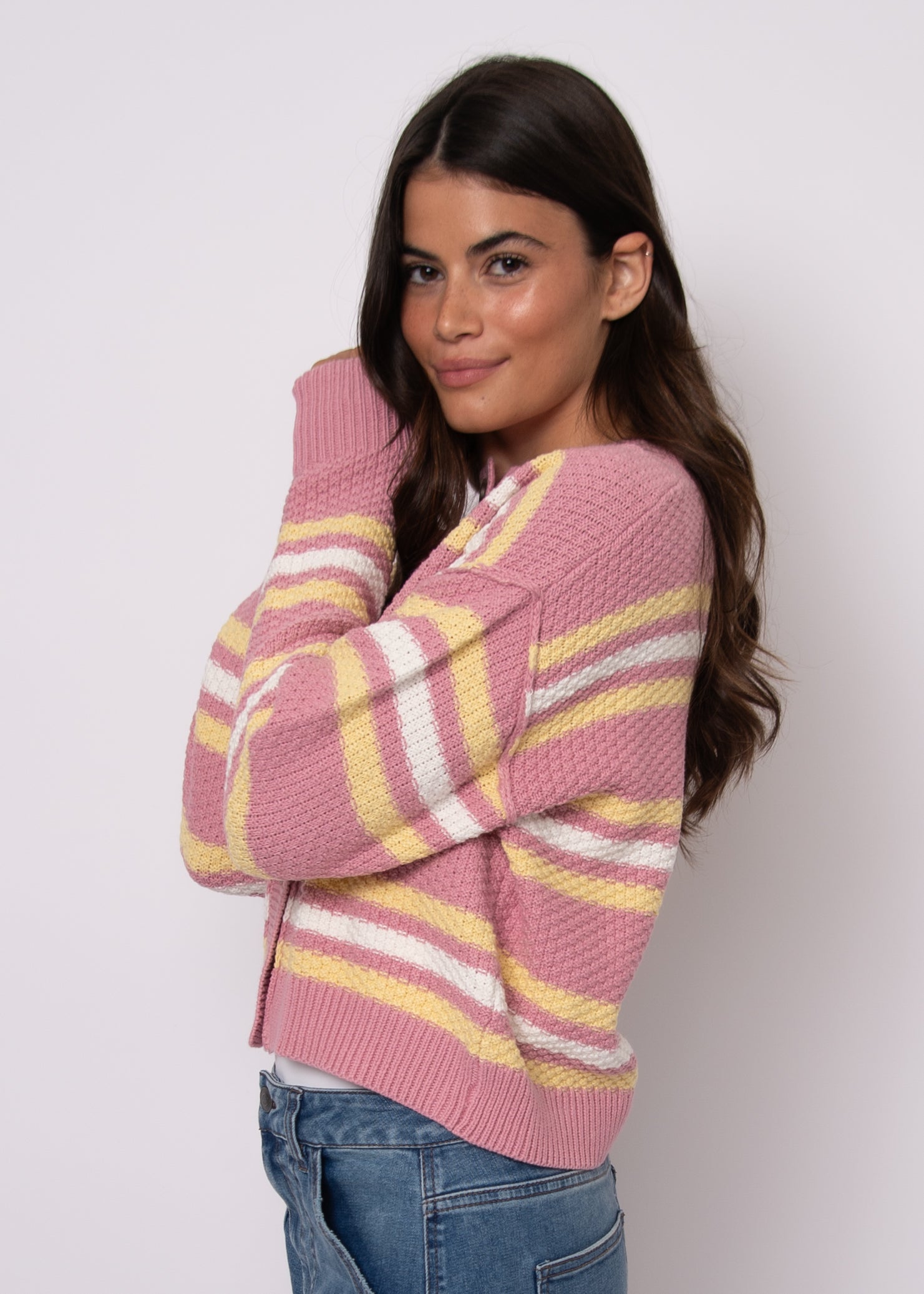LAVANA LONG SLEEVE CREW NECK CARDIGAN - PETAL PINK
