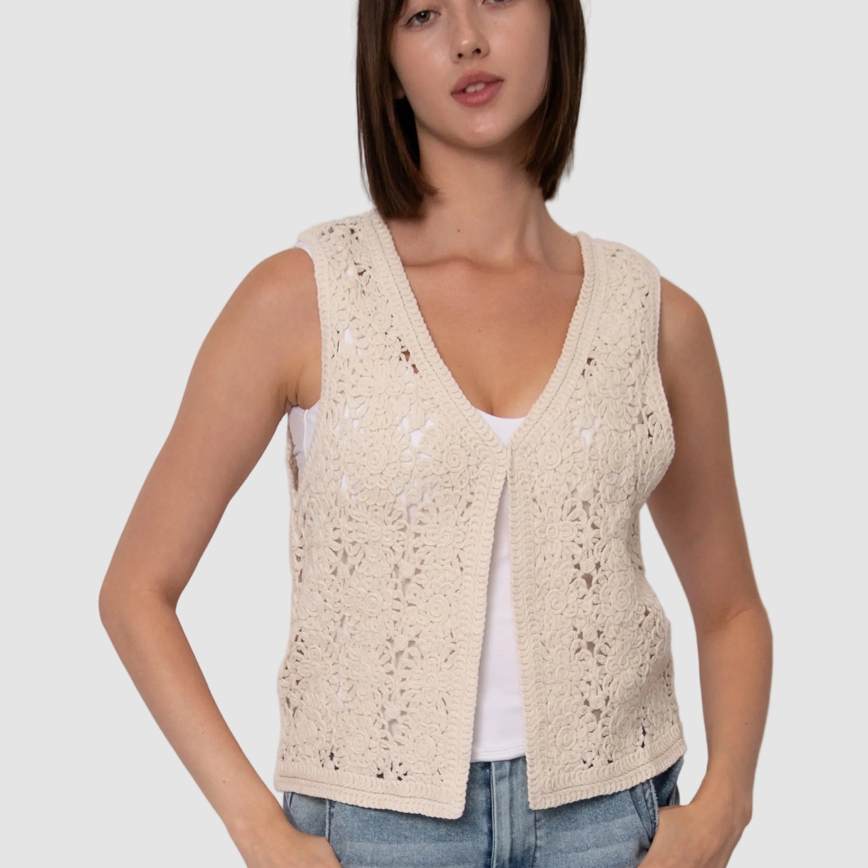 SLOANE SLEEVELESS V-NECK CARDIGAN - BONE