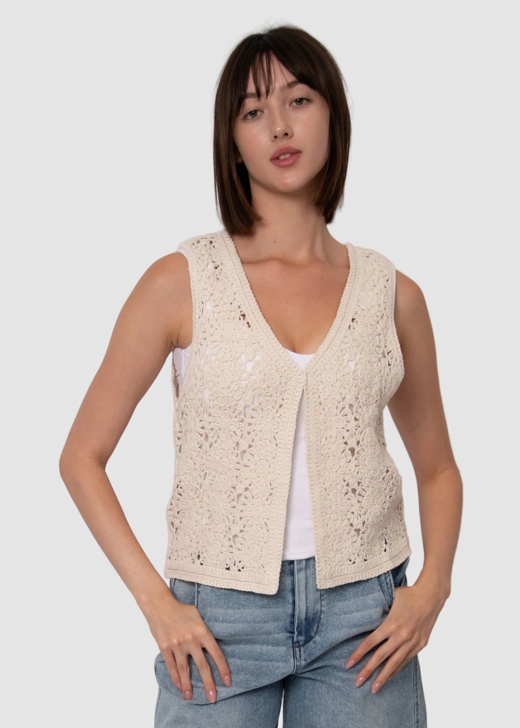 SLOANE SLEEVELESS V-NECK CARDIGAN - BONE
