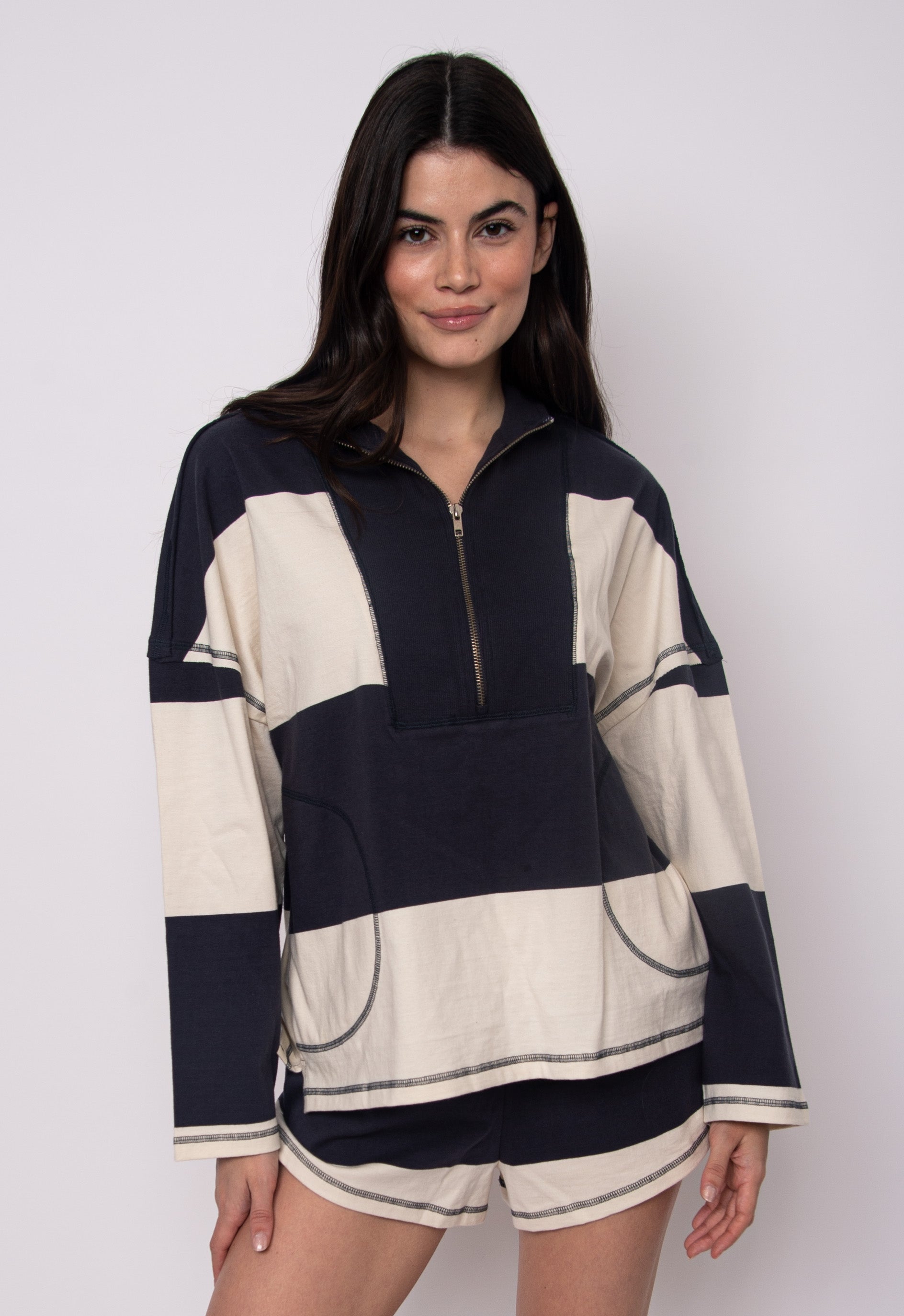 CAMILLE STRIPED ZIP PULLOVER - NAVY