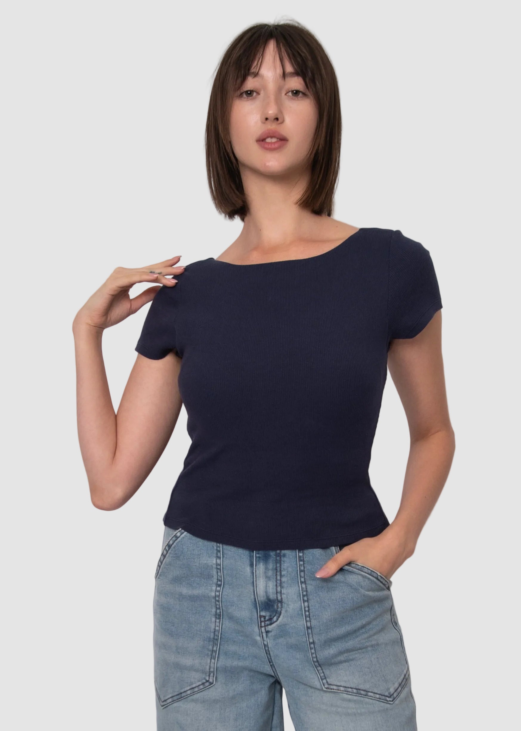 COTTON CORE BRIDA RIBBED LOW BACK TEE - SEA BLUE