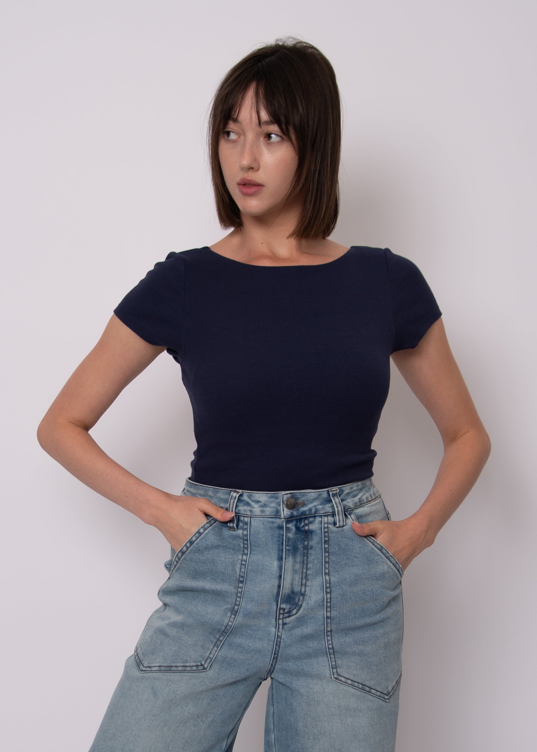 COTTON CORE BRIDA RIBBED LOW BACK TEE - SEA BLUE