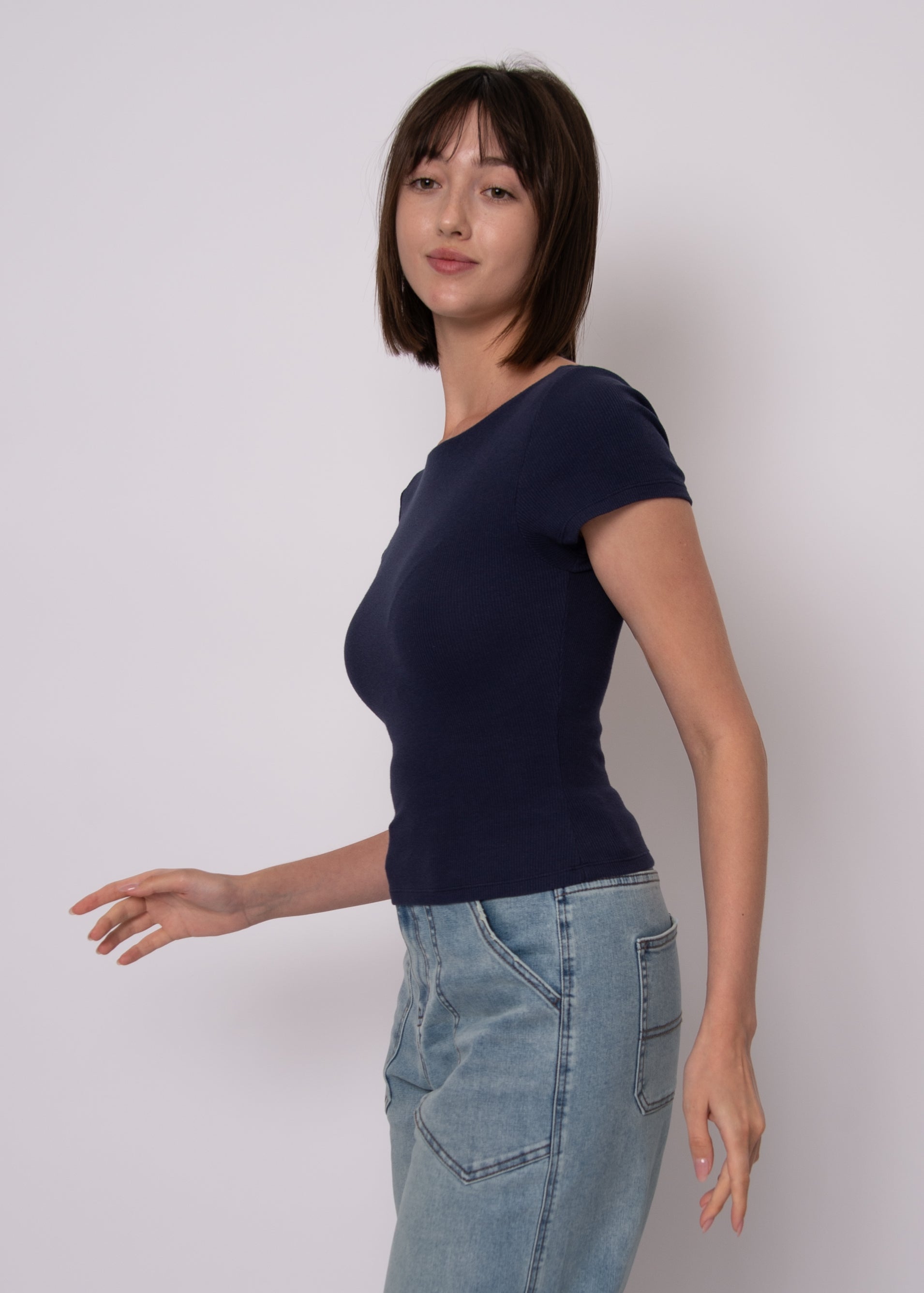 COTTON CORE BRIDA RIBBED LOW BACK TEE - SEA BLUE