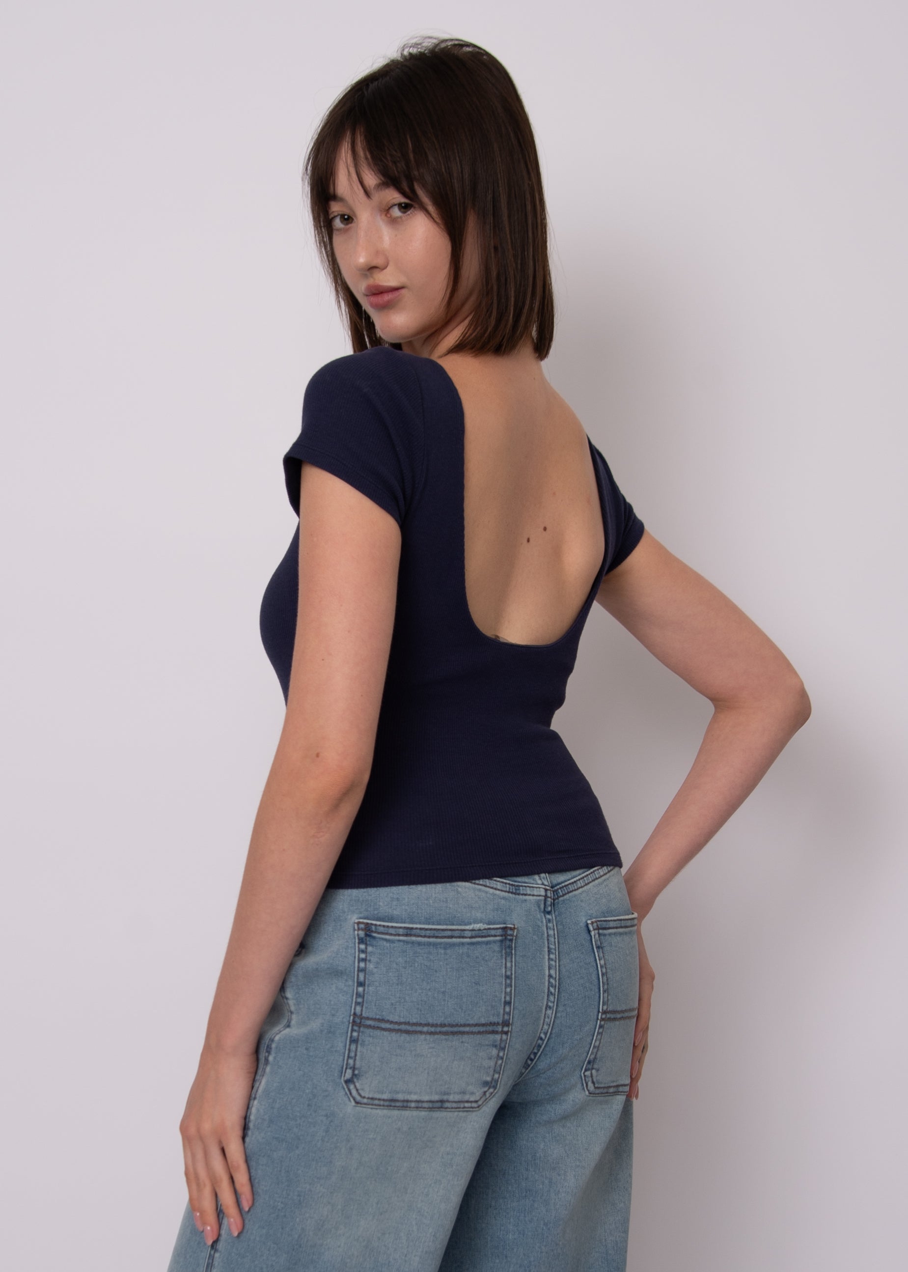 COTTON CORE BRIDA RIBBED LOW BACK TEE - SEA BLUE