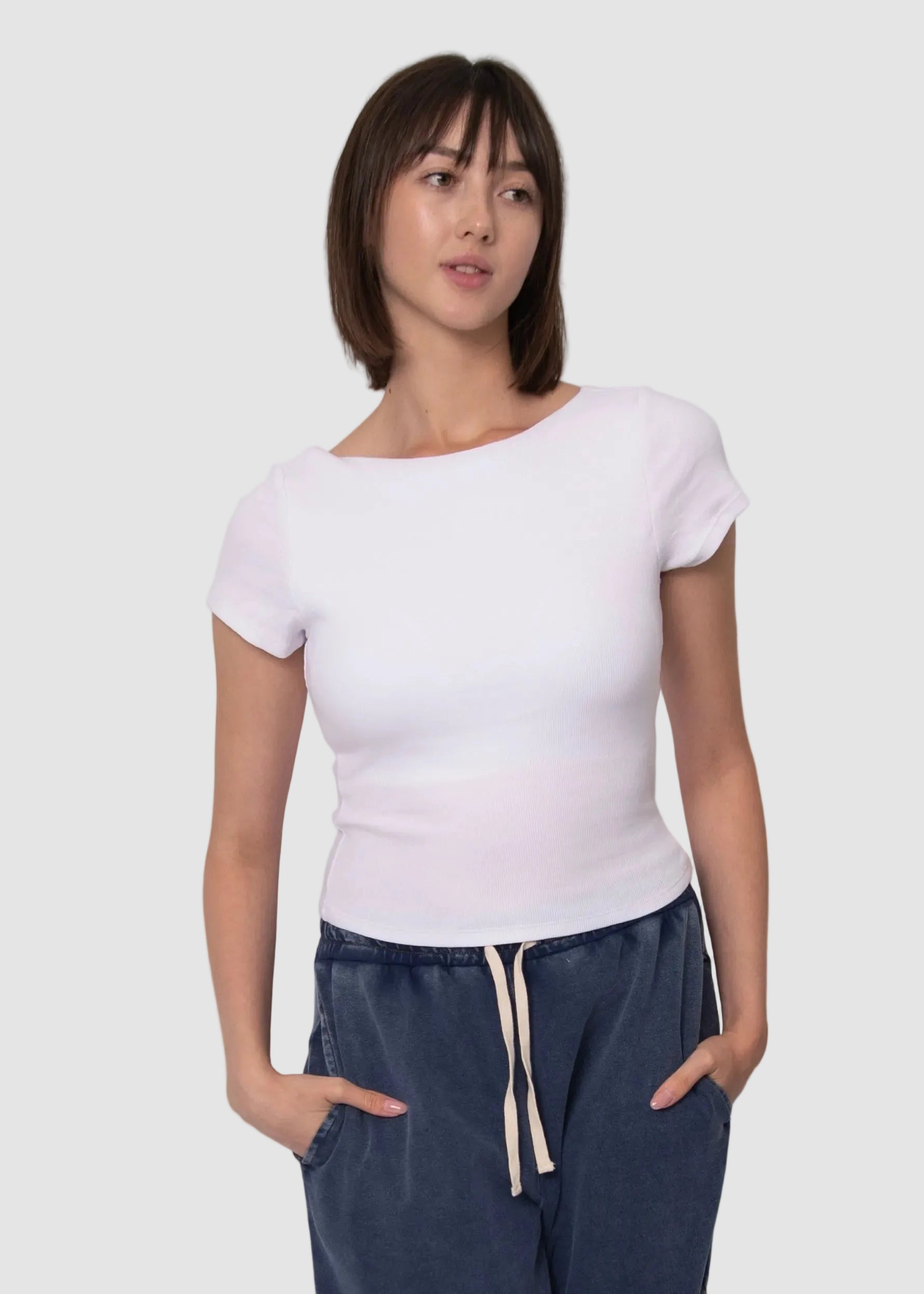 COTTON CORE BRIDA RIBBED LOW BACK TEE - WHITE