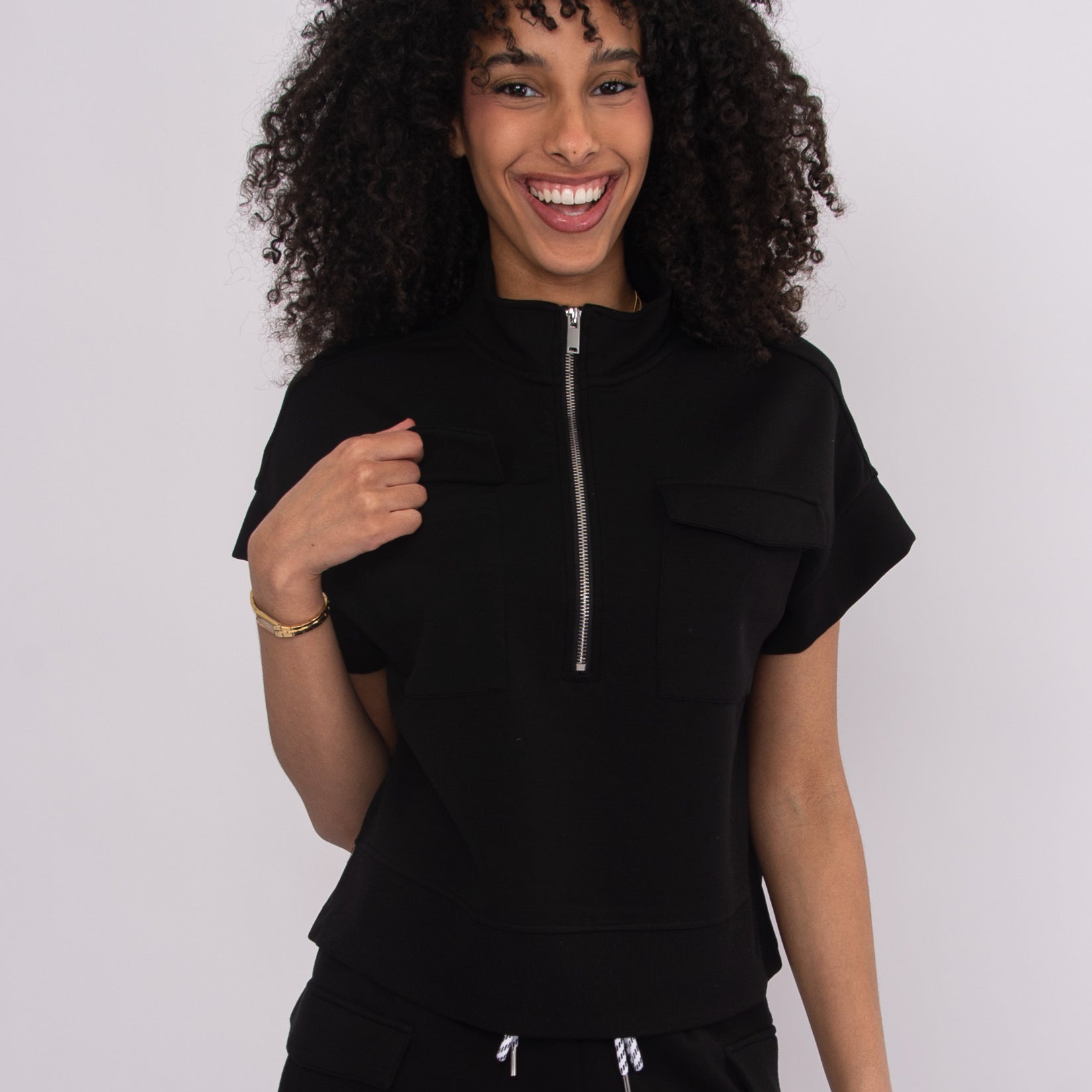 DUA SOFT KNIT HALF ZIP TOP - BLACK