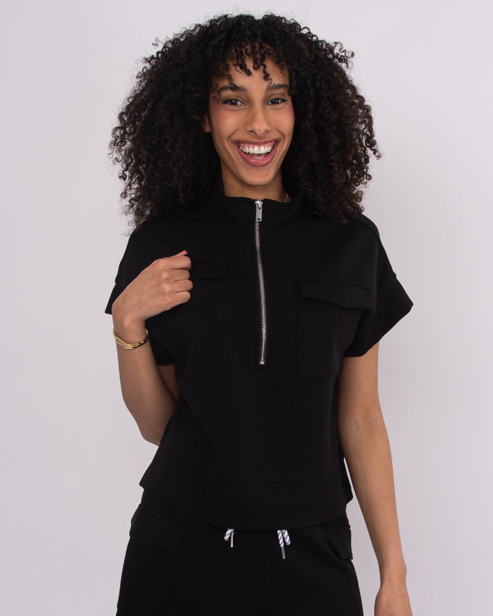 DUA SOFT KNIT HALF ZIP TOP - BLACK