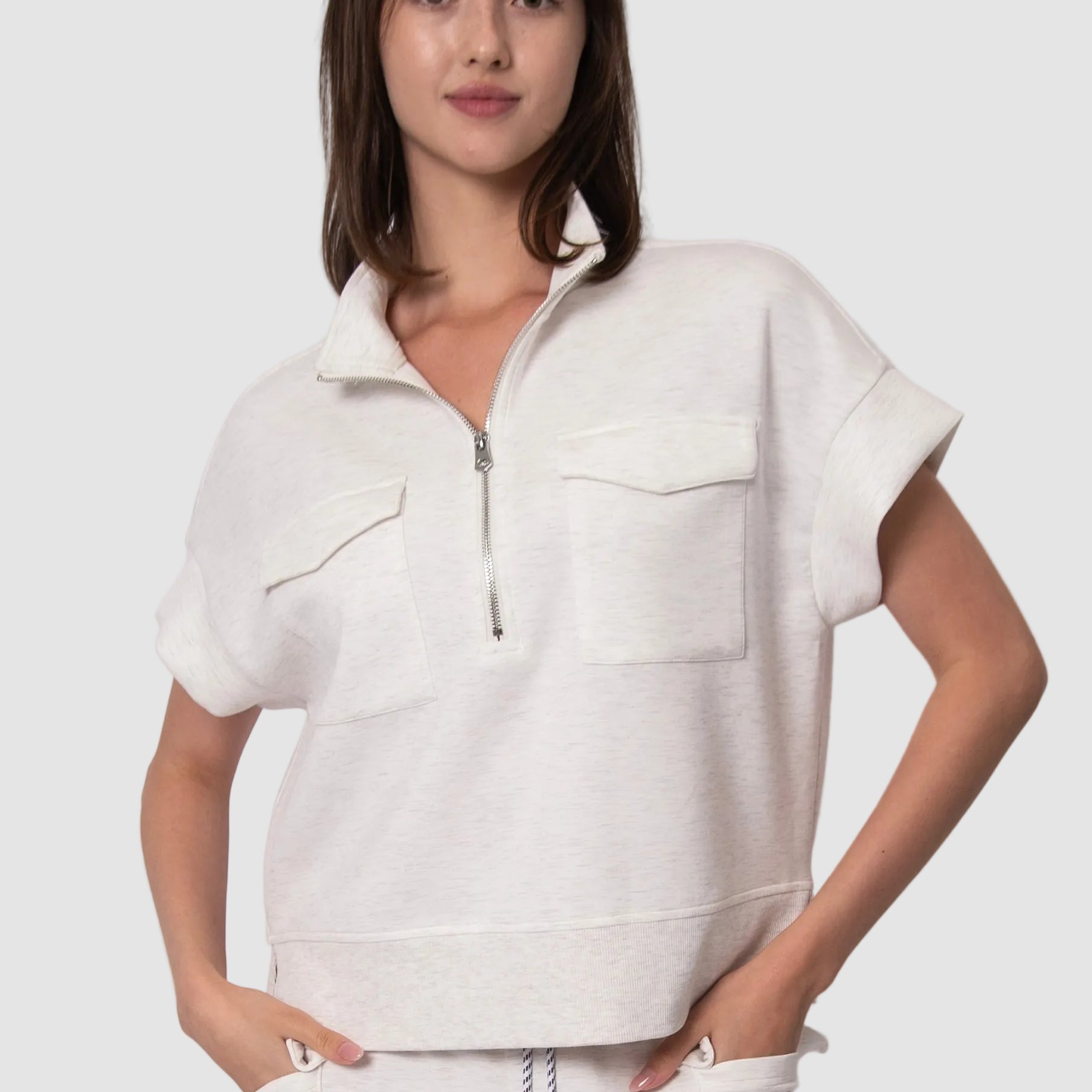 DUA SOFT KNIT HALF ZIP TOP - IVORY MELANGE