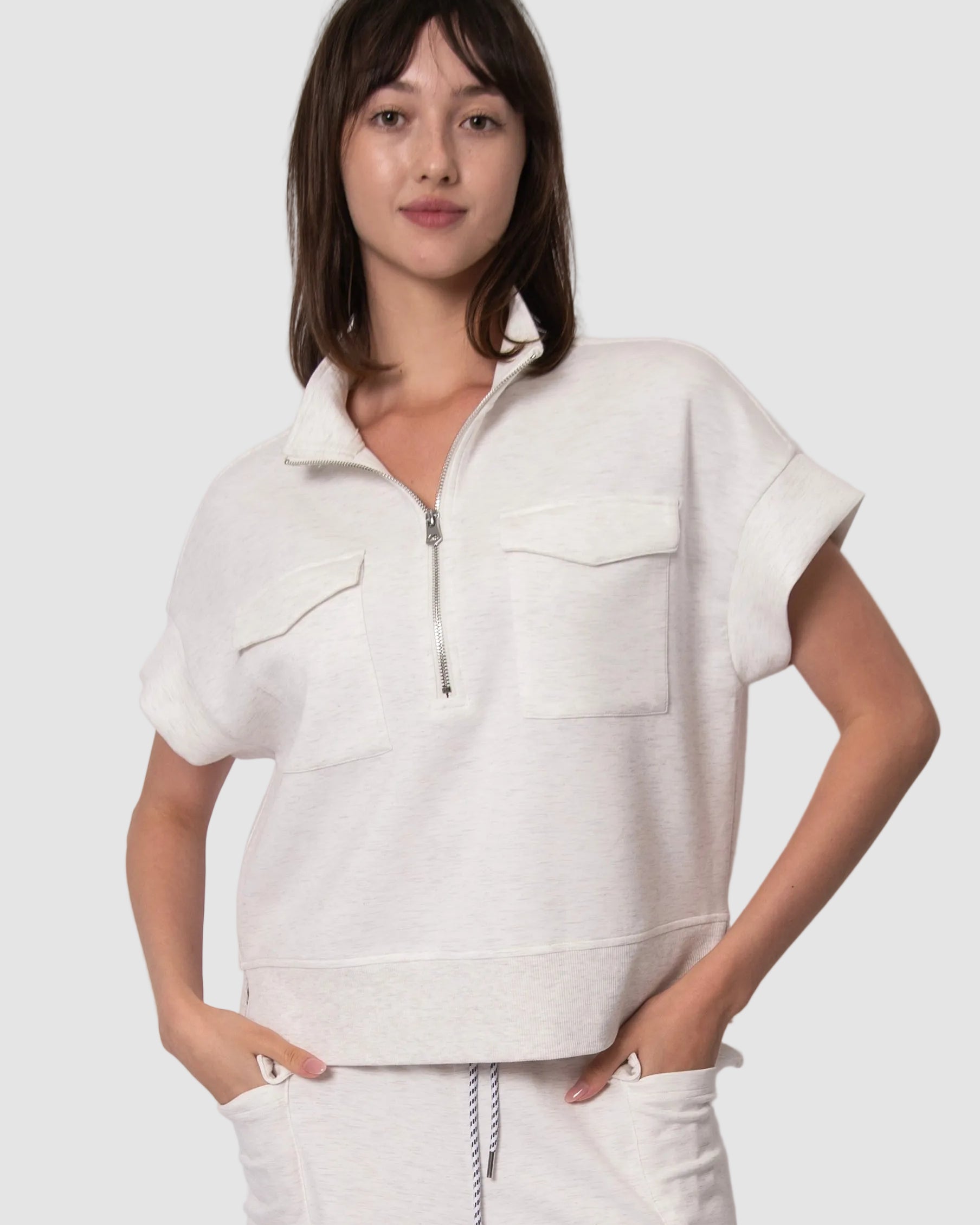 DUA SOFT KNIT HALF ZIP TOP - IVORY MELANGE