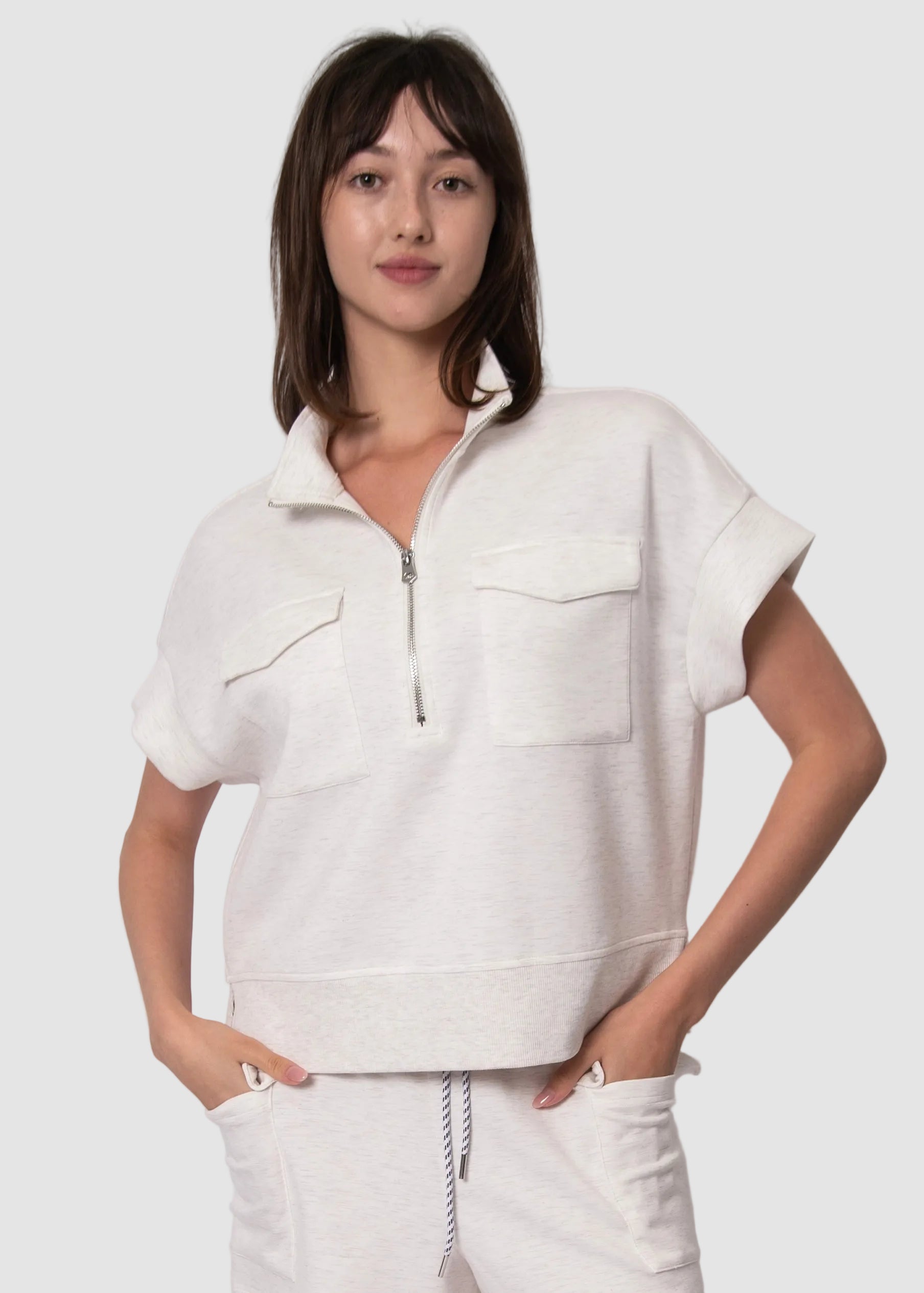 DUA SOFT KNIT HALF ZIP TOP - IVORY MELANGE