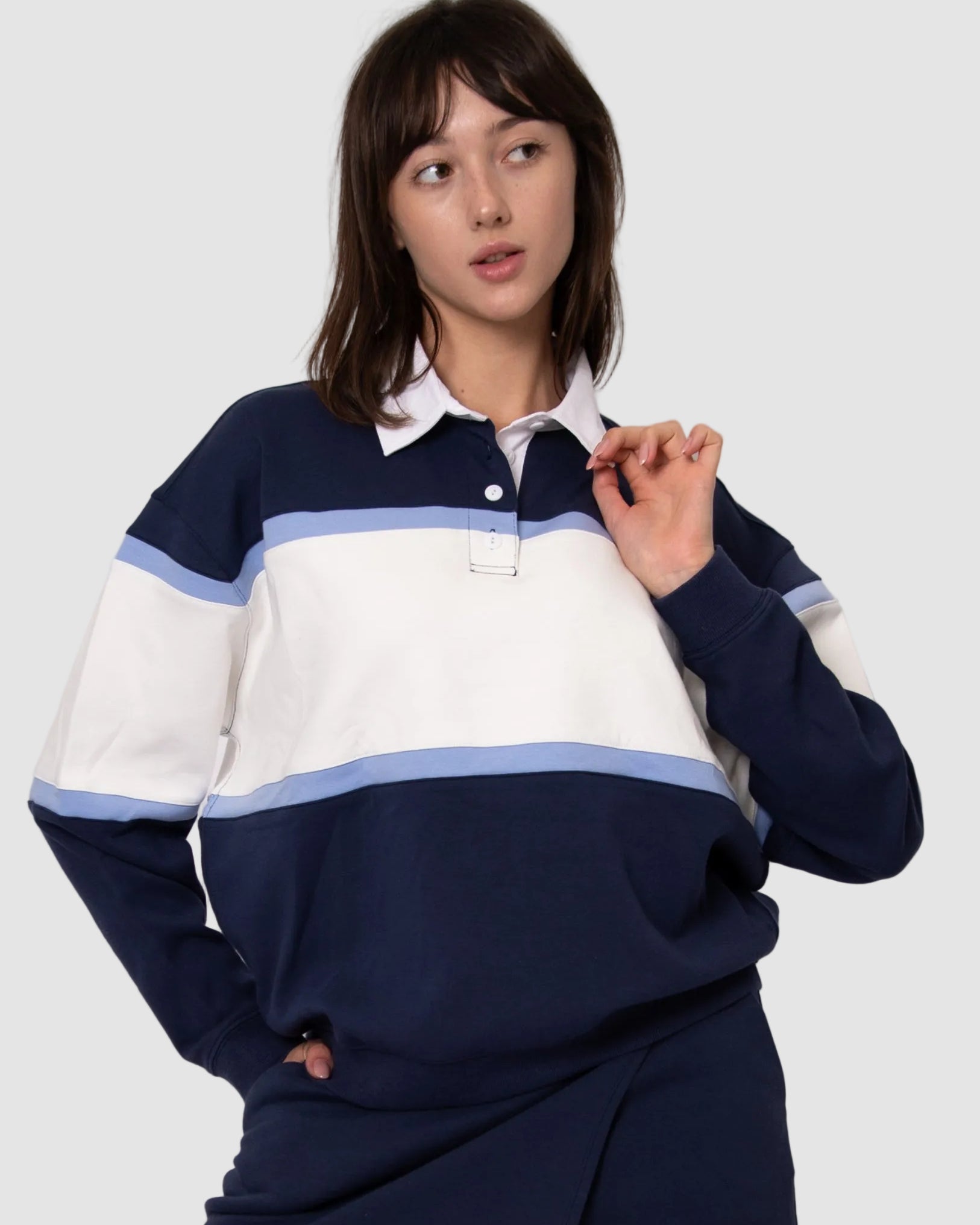 ESTHER SOFT KNIT POLO PULLOVER - NAVY BLUE