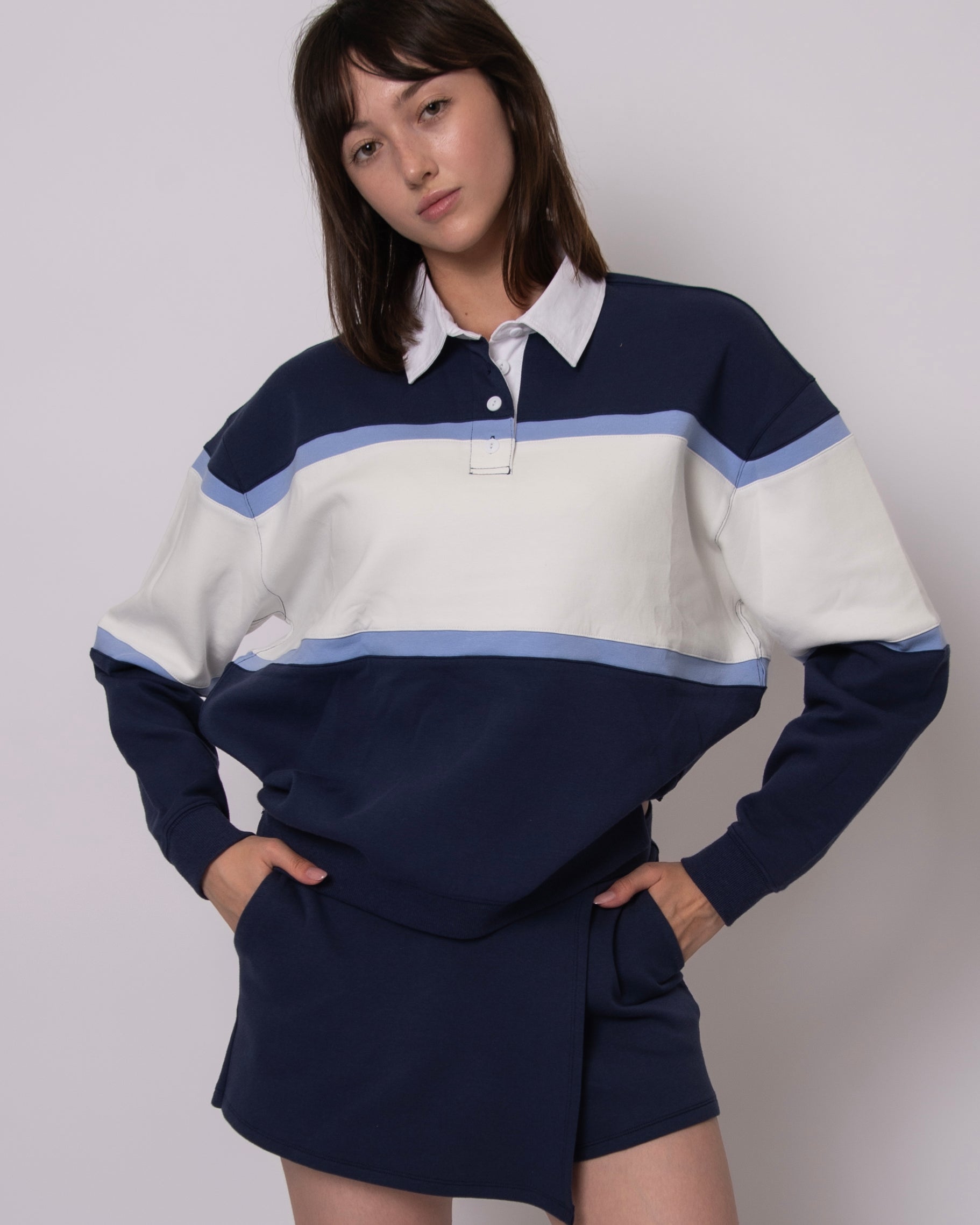 ESTHER SOFT KNIT POLO PULLOVER - NAVY BLUE