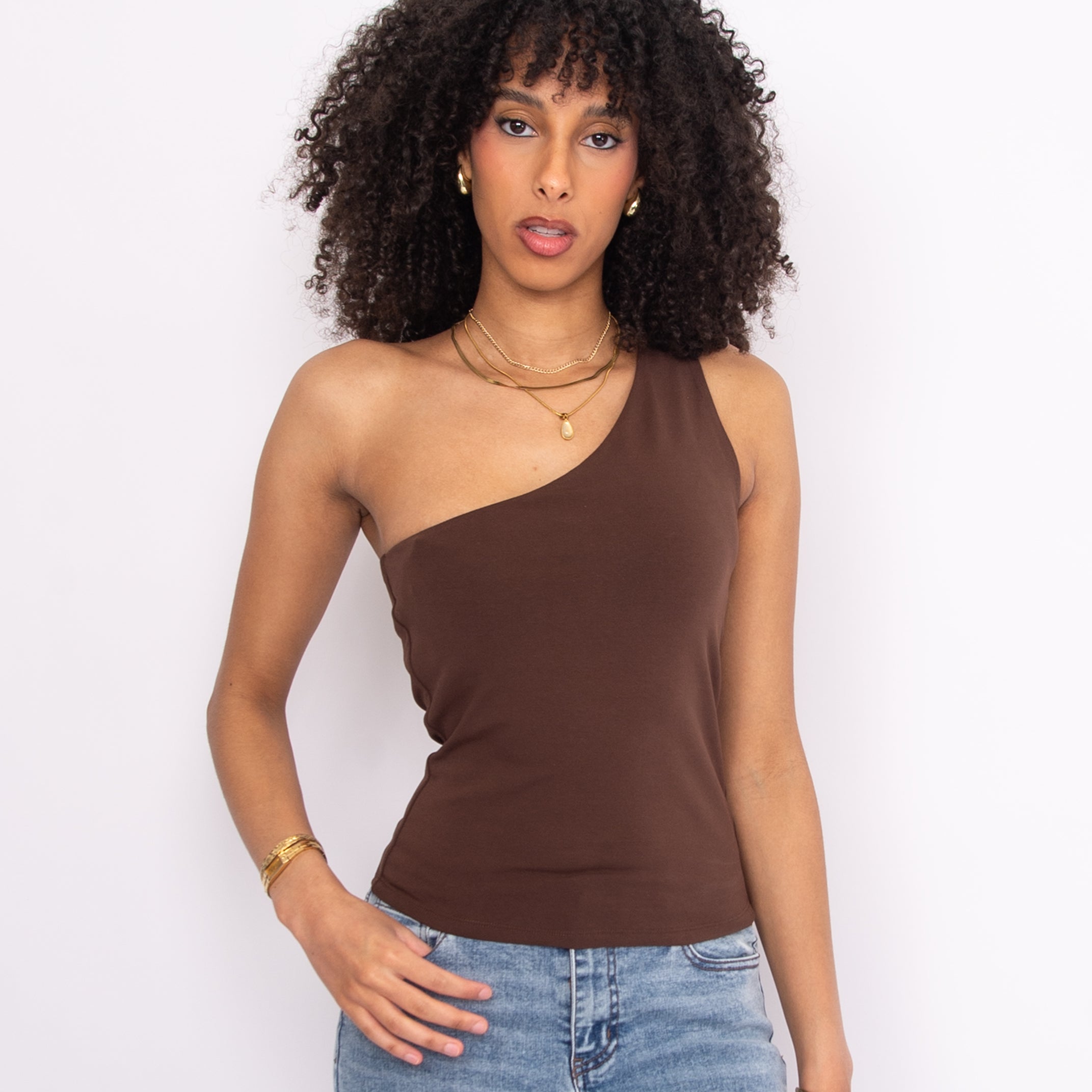 COTTON CORE SUNNY ONE SHOULDER TOP - MOCHA