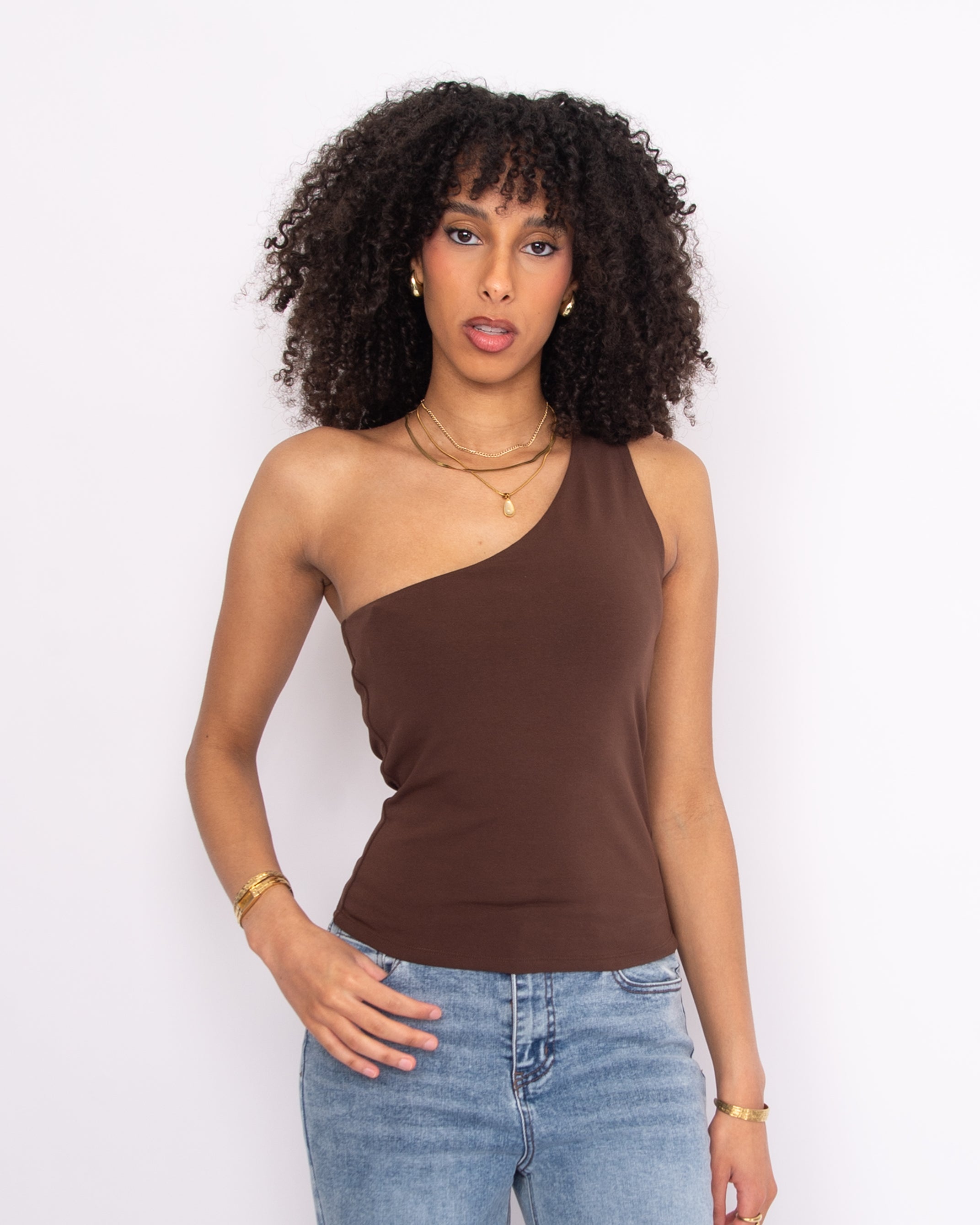 COTTON CORE SUNNY ONE SHOULDER TOP - MOCHA