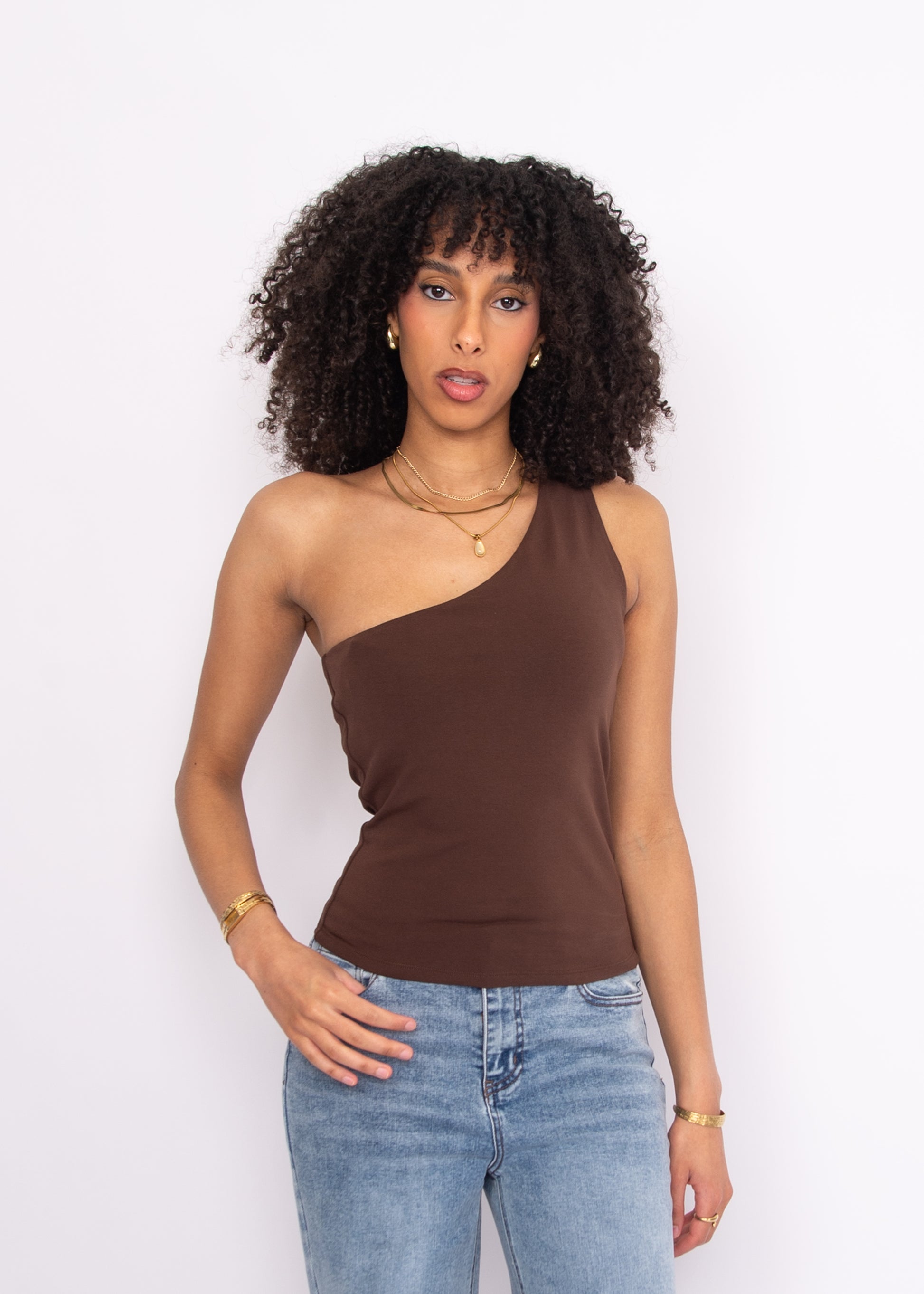 COTTON CORE SUNNY ONE SHOULDER TOP - MOCHA