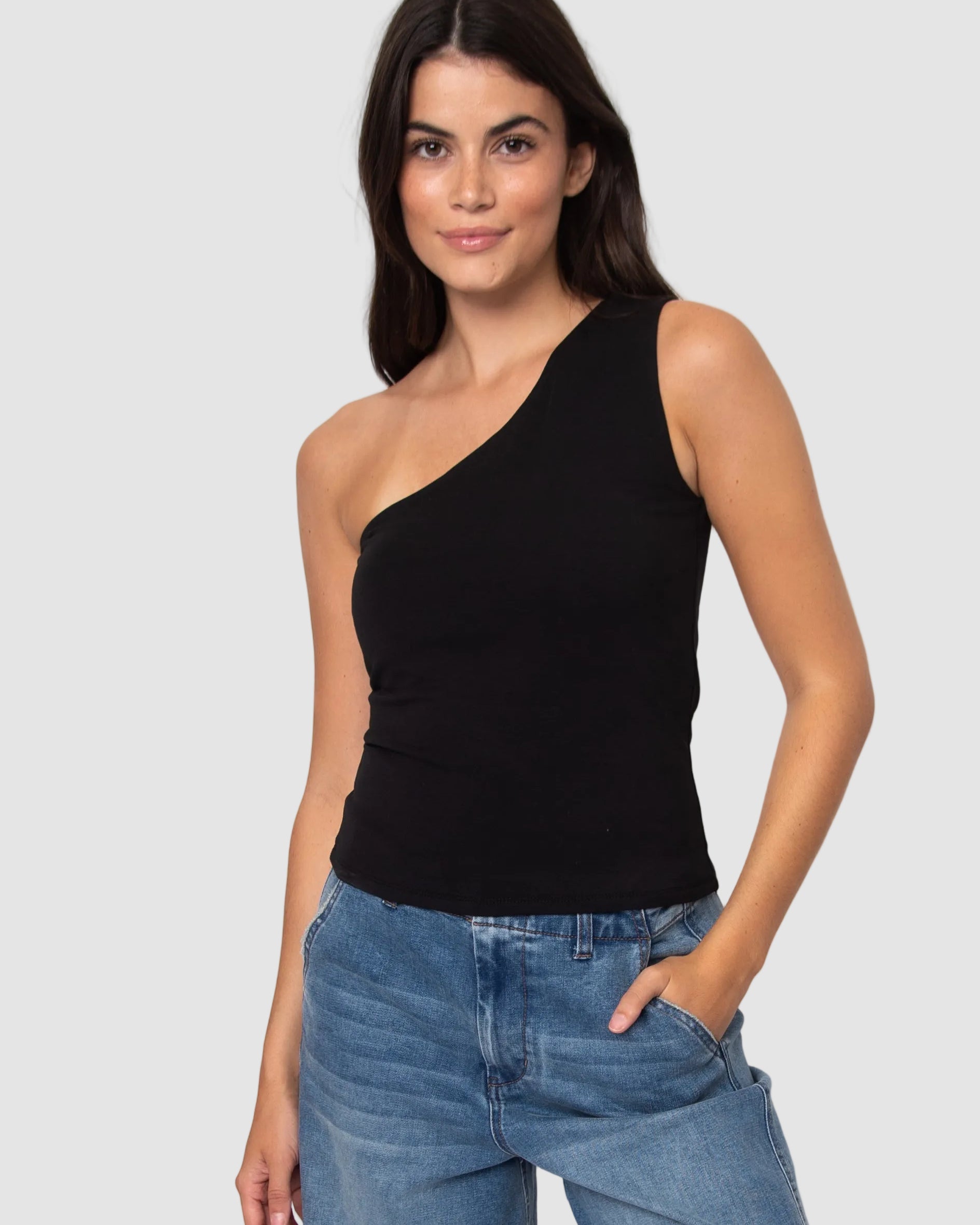 COTTON CORE SUNNY ONE SHOULDER TOP - BLACK