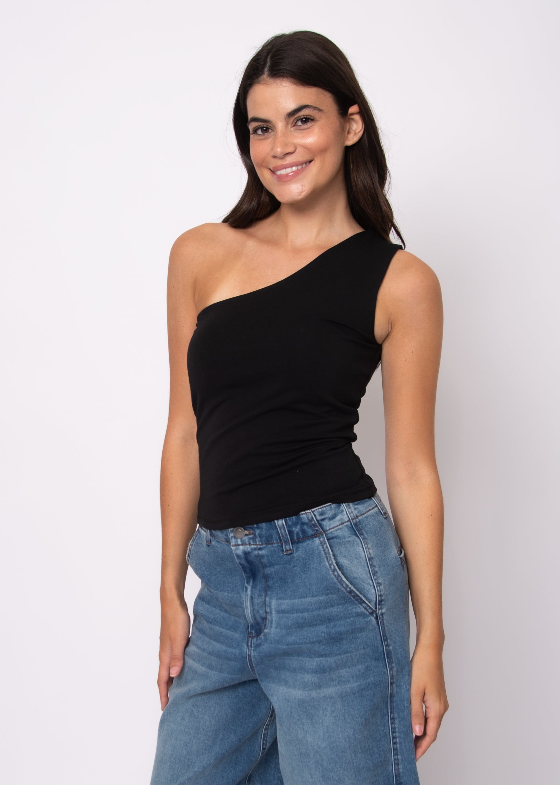 COTTON CORE SUNNY ONE SHOULDER TOP - BLACK