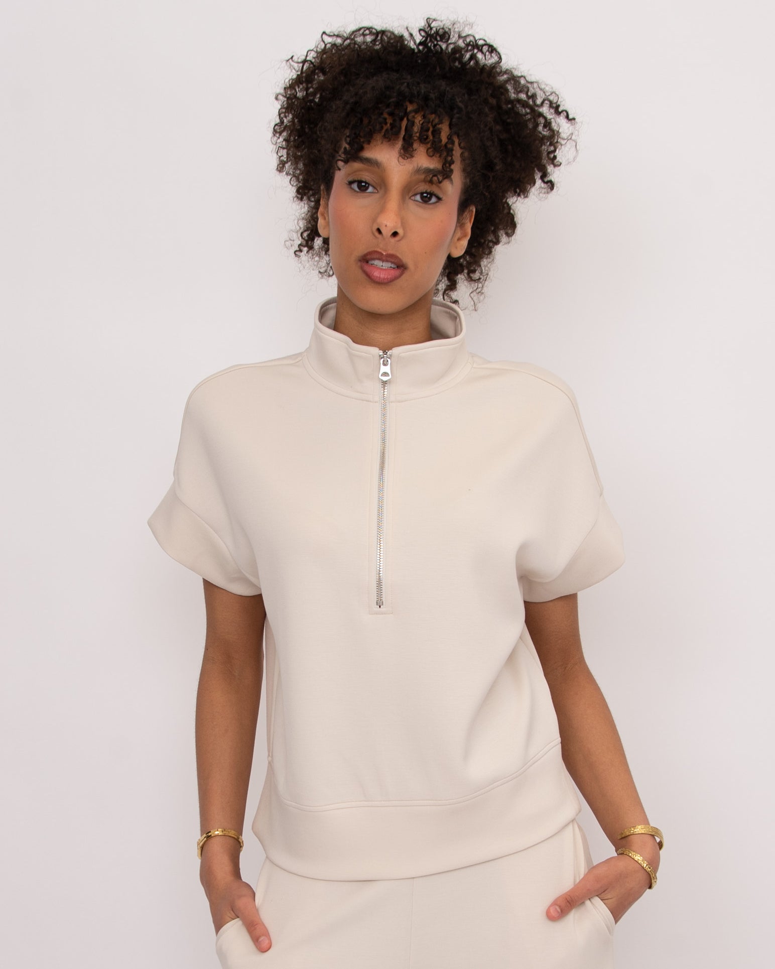 DUA SOFT KNIT HALF ZIP TOP - STONE