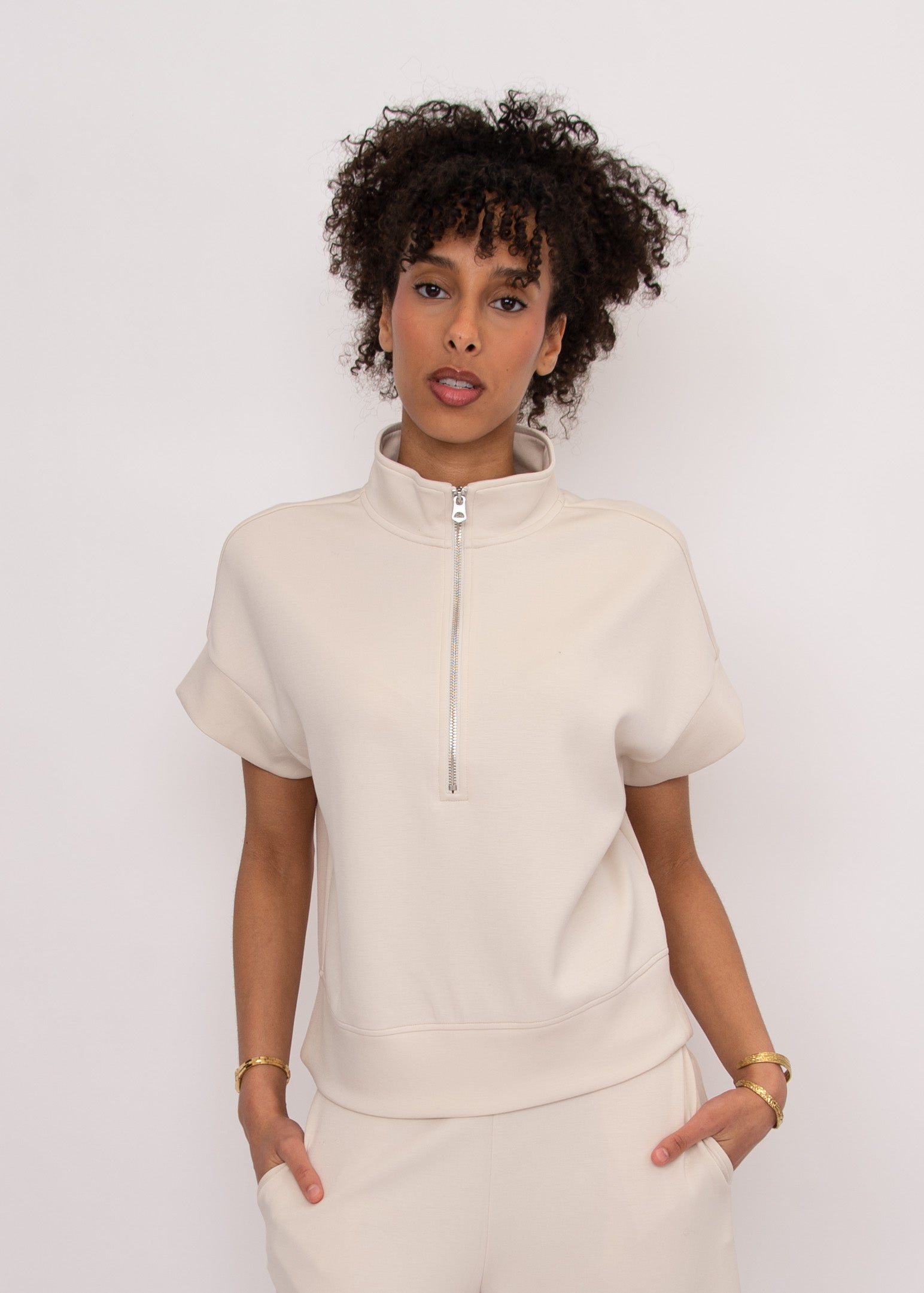 DUA SOFT KNIT HALF ZIP TOP - STONE