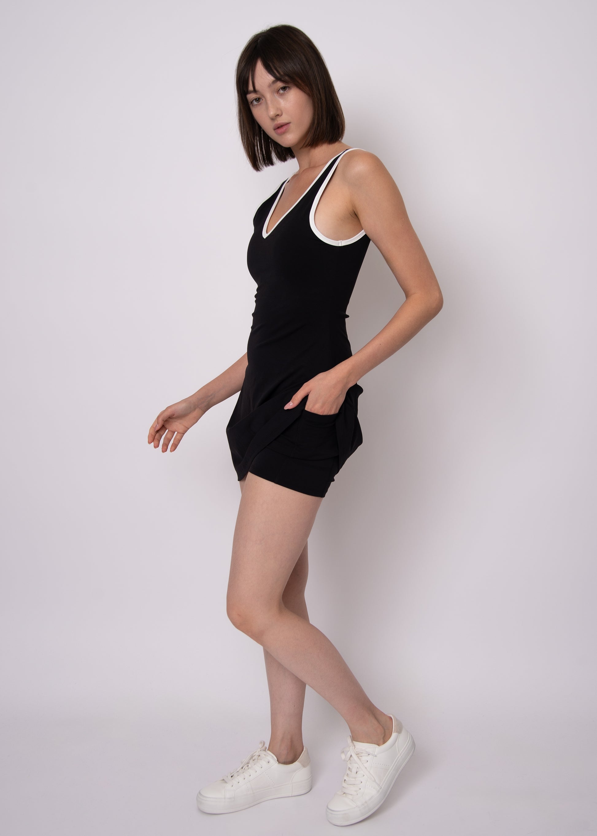 MATILDA V NECK BUILT IN BRA SPORTS DRESS - BLACK
