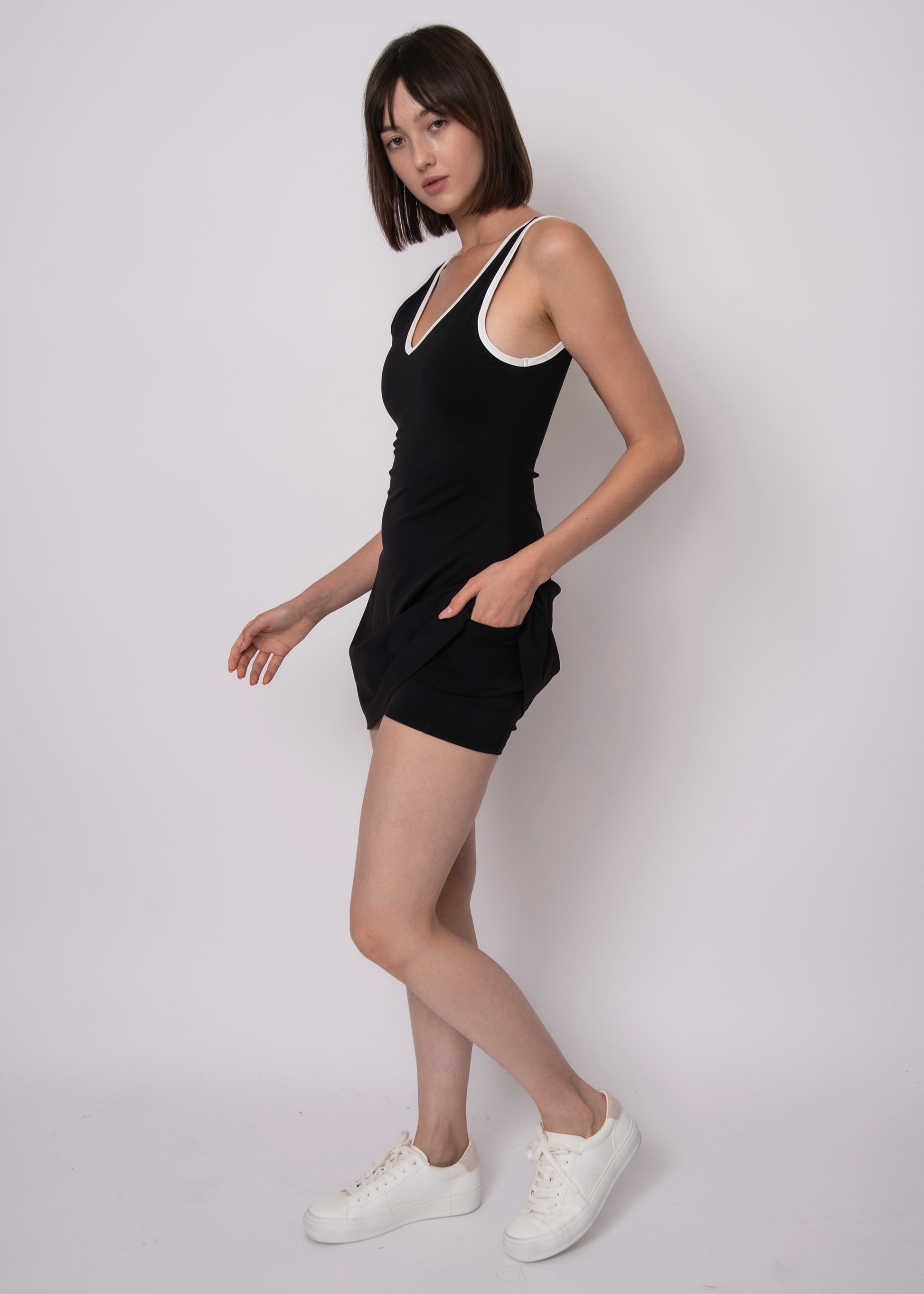 MATILDA V NECK BUILT IN BRA SPORTS DRESS - BLACK