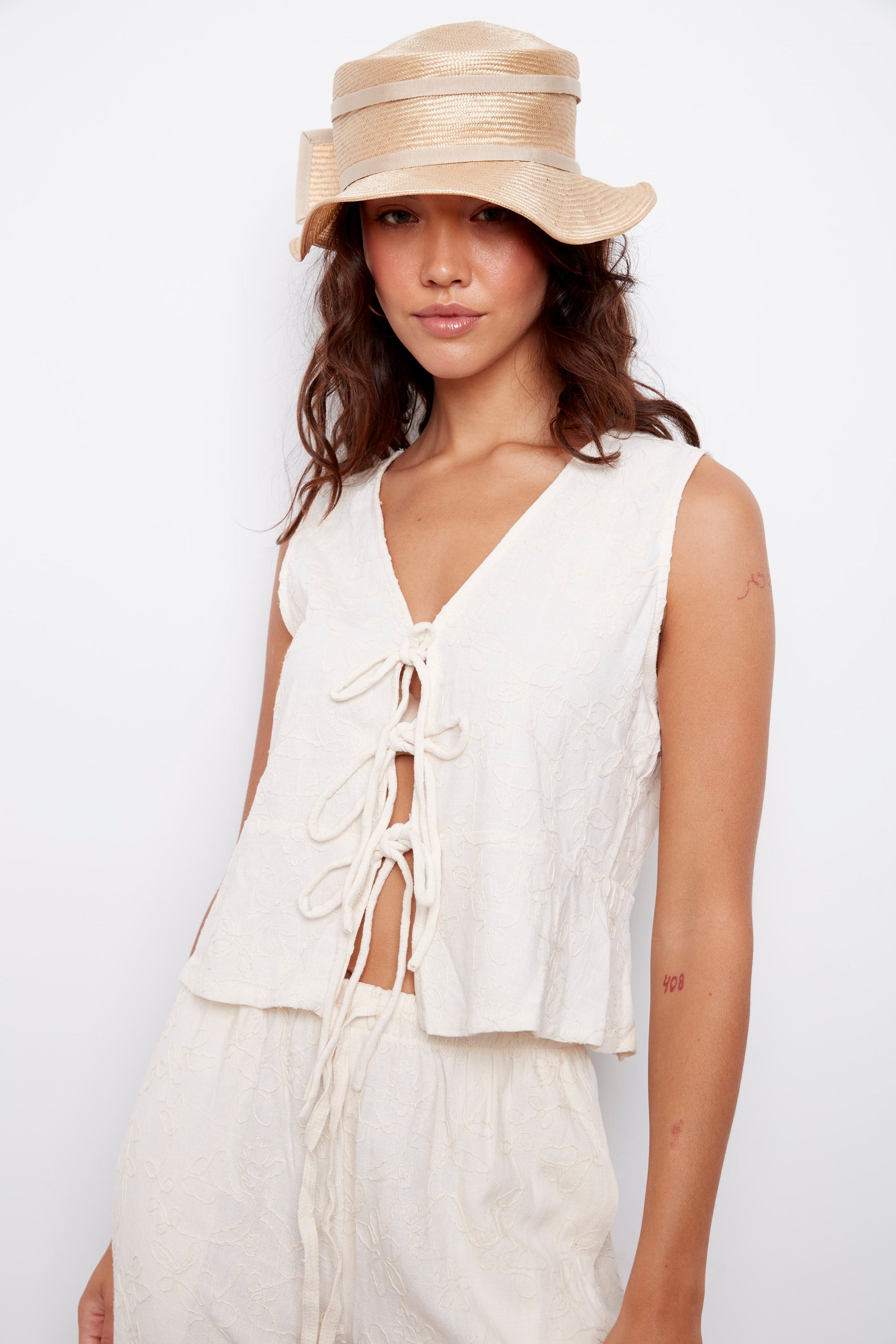 LORA TIE FRONT LINEN TANK - NATURAL