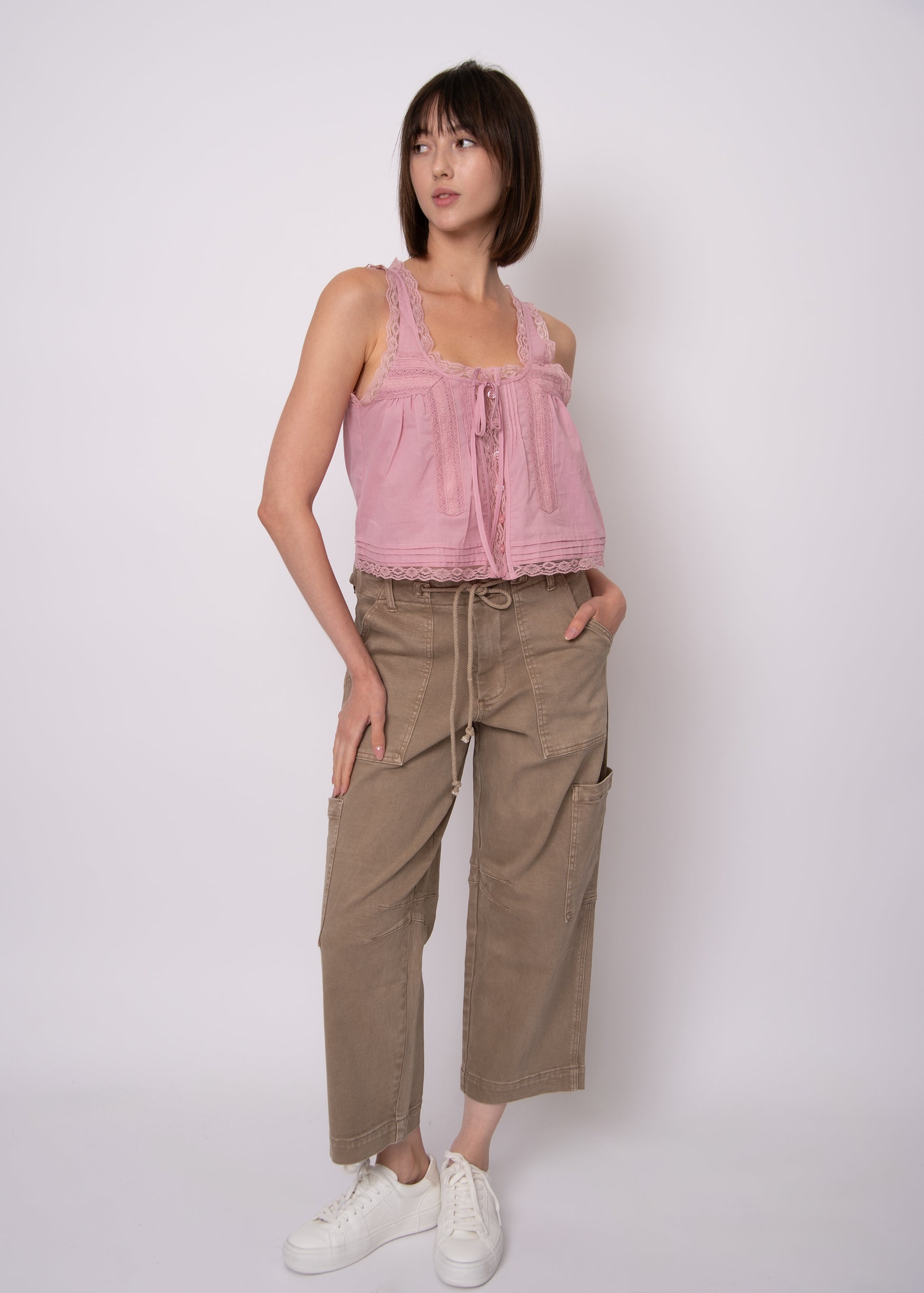 JULIE STRETCH TWILL CROPPED CARGO PANTS - SAND