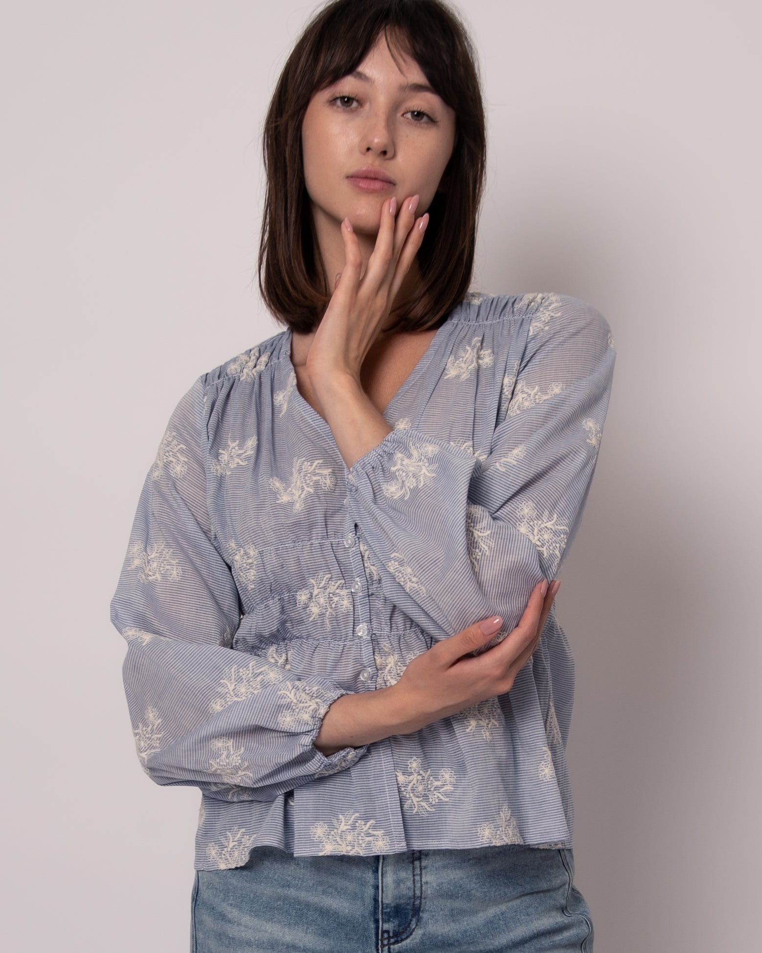 ANA LONG SLEEVE BUTTON BLOUSE - BLUE