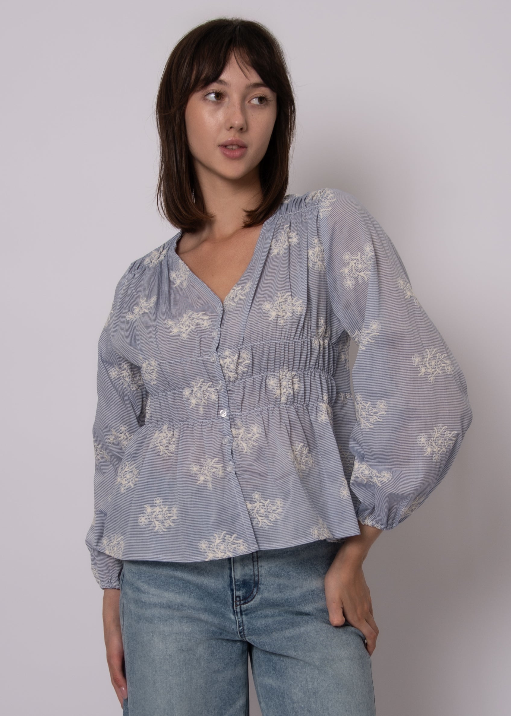 ANA LONG SLEEVE BUTTON BLOUSE - BLUE