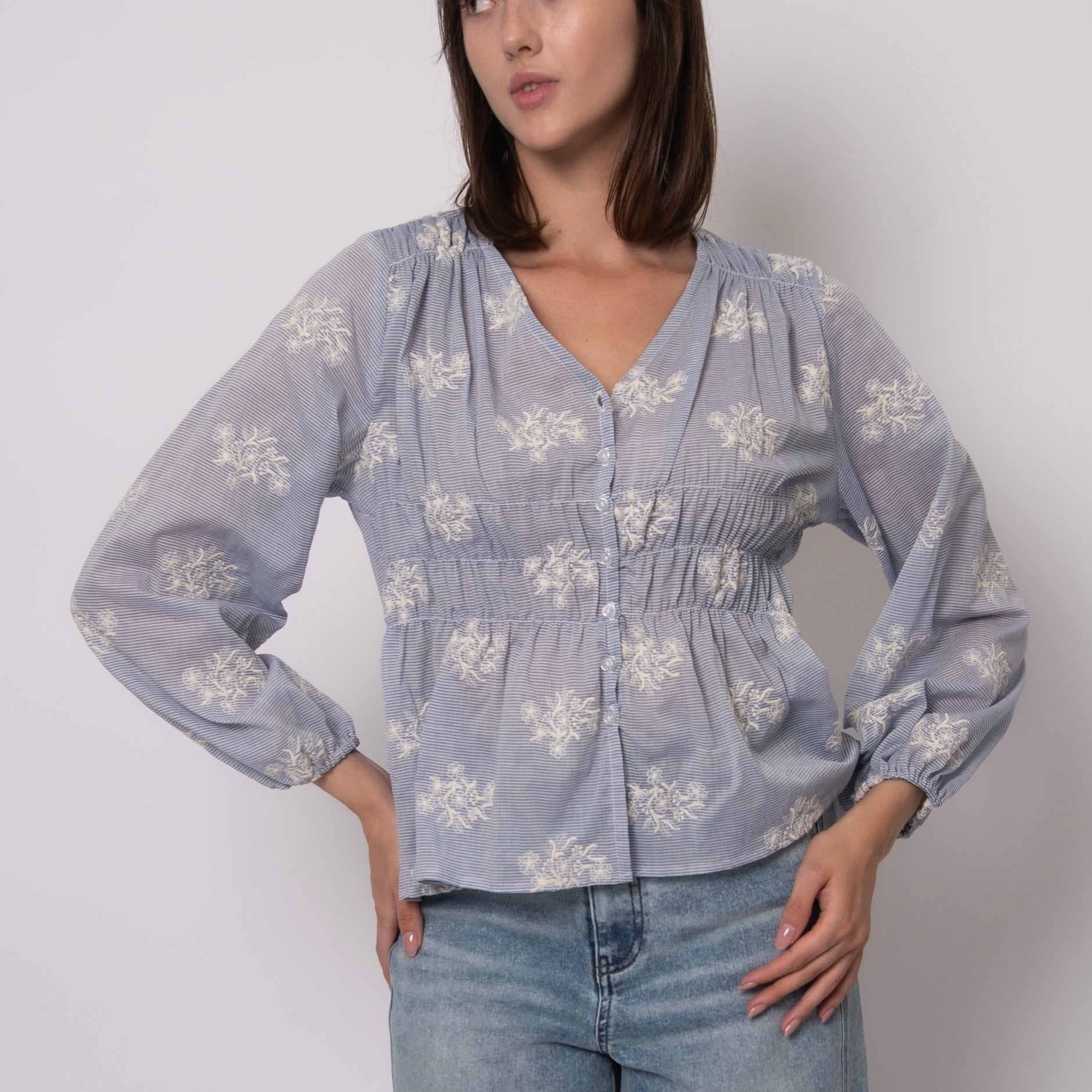 ANA LONG SLEEVE BUTTON BLOUSE - BLUE