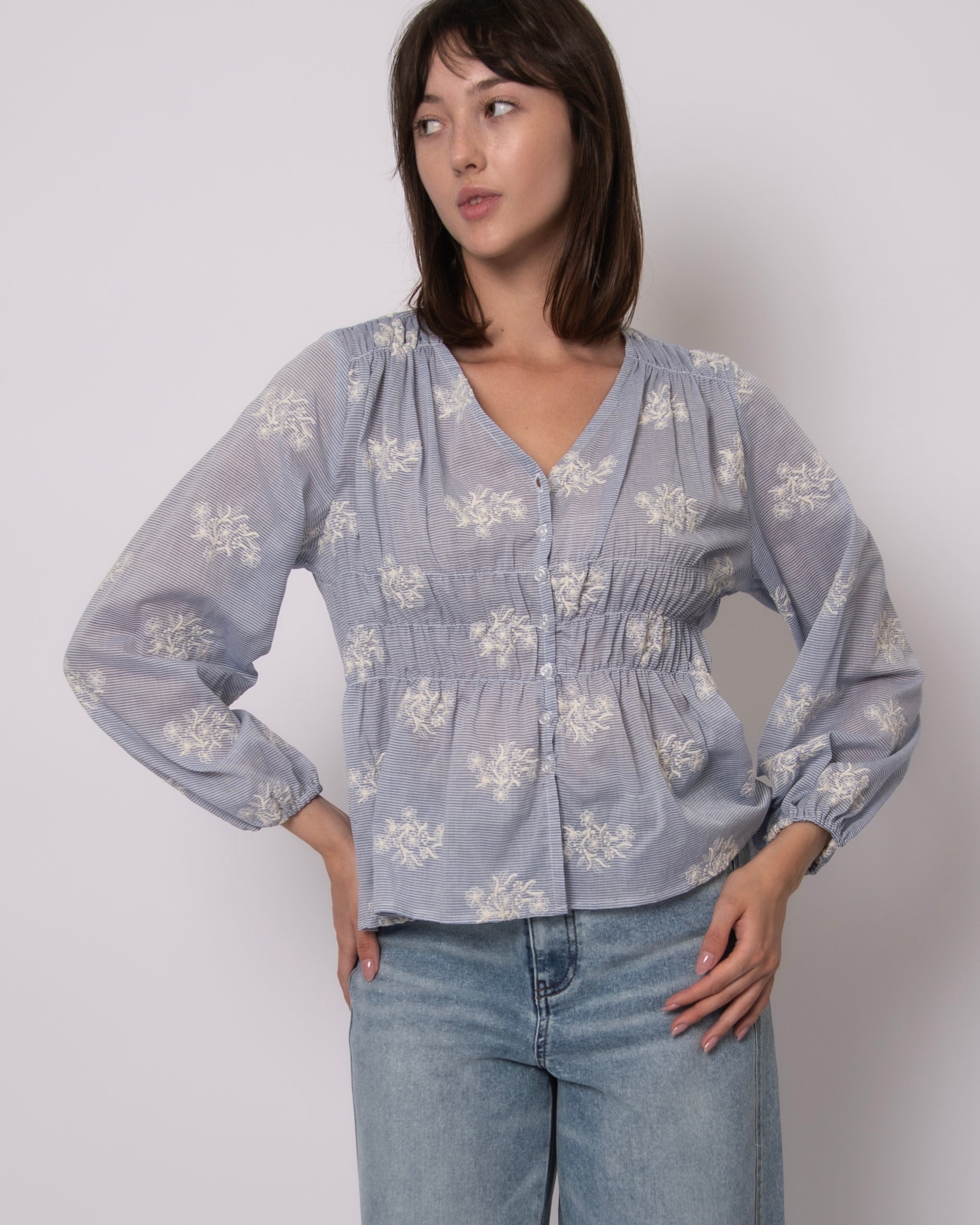 ANA LONG SLEEVE BUTTON BLOUSE - BLUE